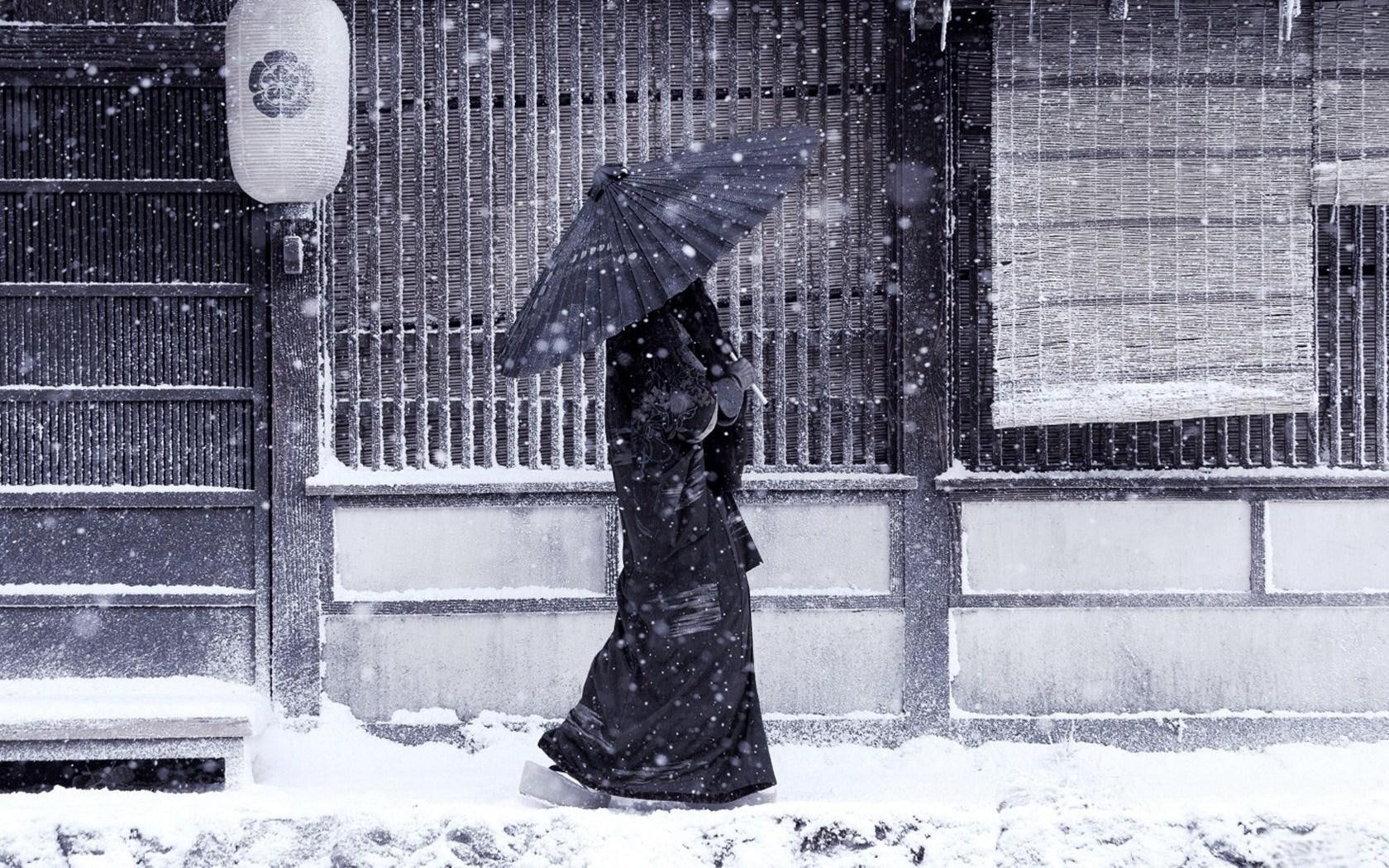 street, snowflakes, snow, 720P, winter, women, umbrella, japanese, HD Wallpaper