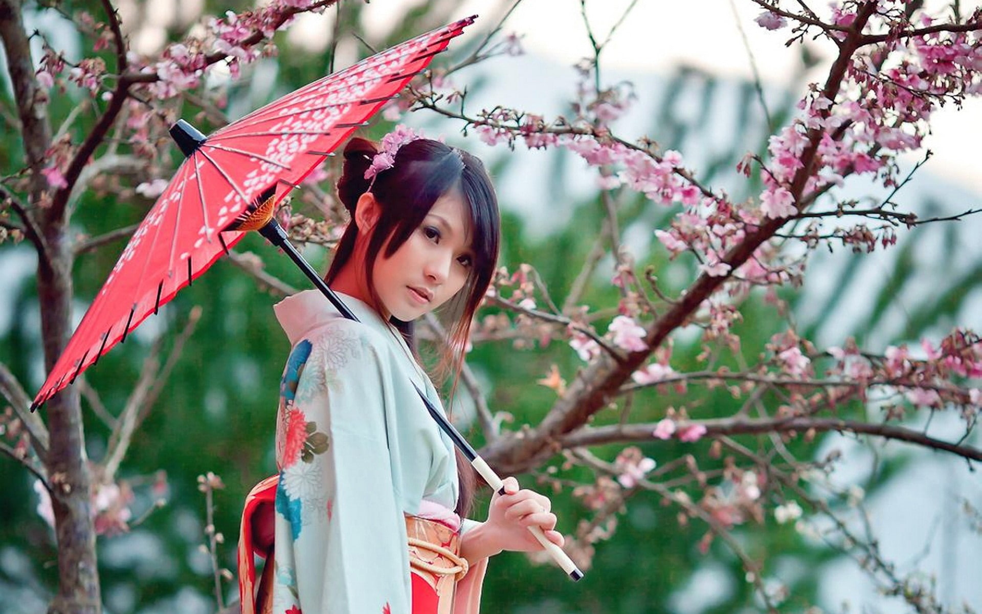 umbrellas, women, japanese, brunettes, 1080P, asians, garden, HD Wallpaper