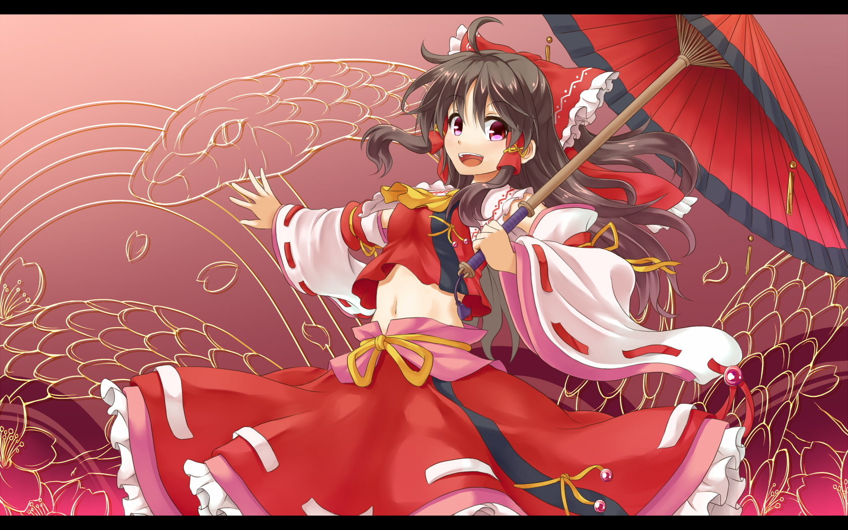 animal, bow, reimu, dress, musouduki, miko, touhou, hakurei, navel, clothes, umbrella, 720P, flowers, japanese, HD Wallpaper