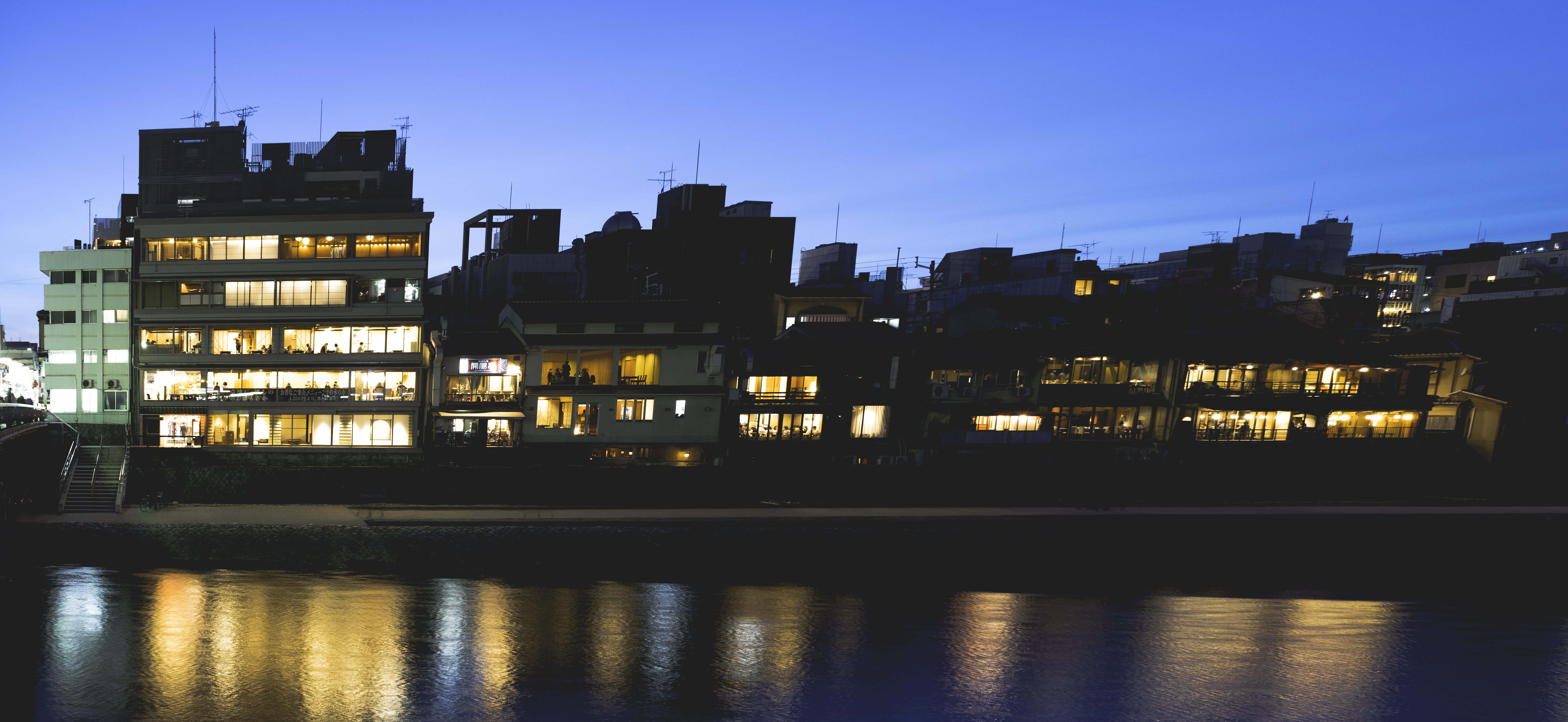 water, residential district, waterfront, kyoto, sky, sunset, 8K, nature, night, reflection, river, illuminated, clear sky, building exterior, japan, dusk, HD Wallpaper
