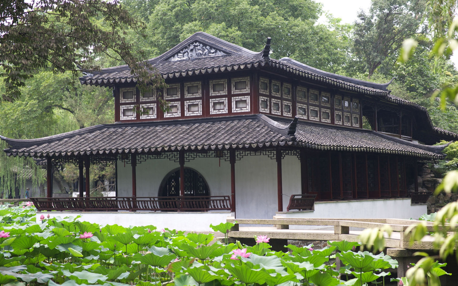 leaves, pagoda, day, leaf, plant part, ornamental Garden, old, china - East Asia, 1080P, decoration, religion, ancient, grey, roof, wood - Material, spirituality, HD Wallpaper