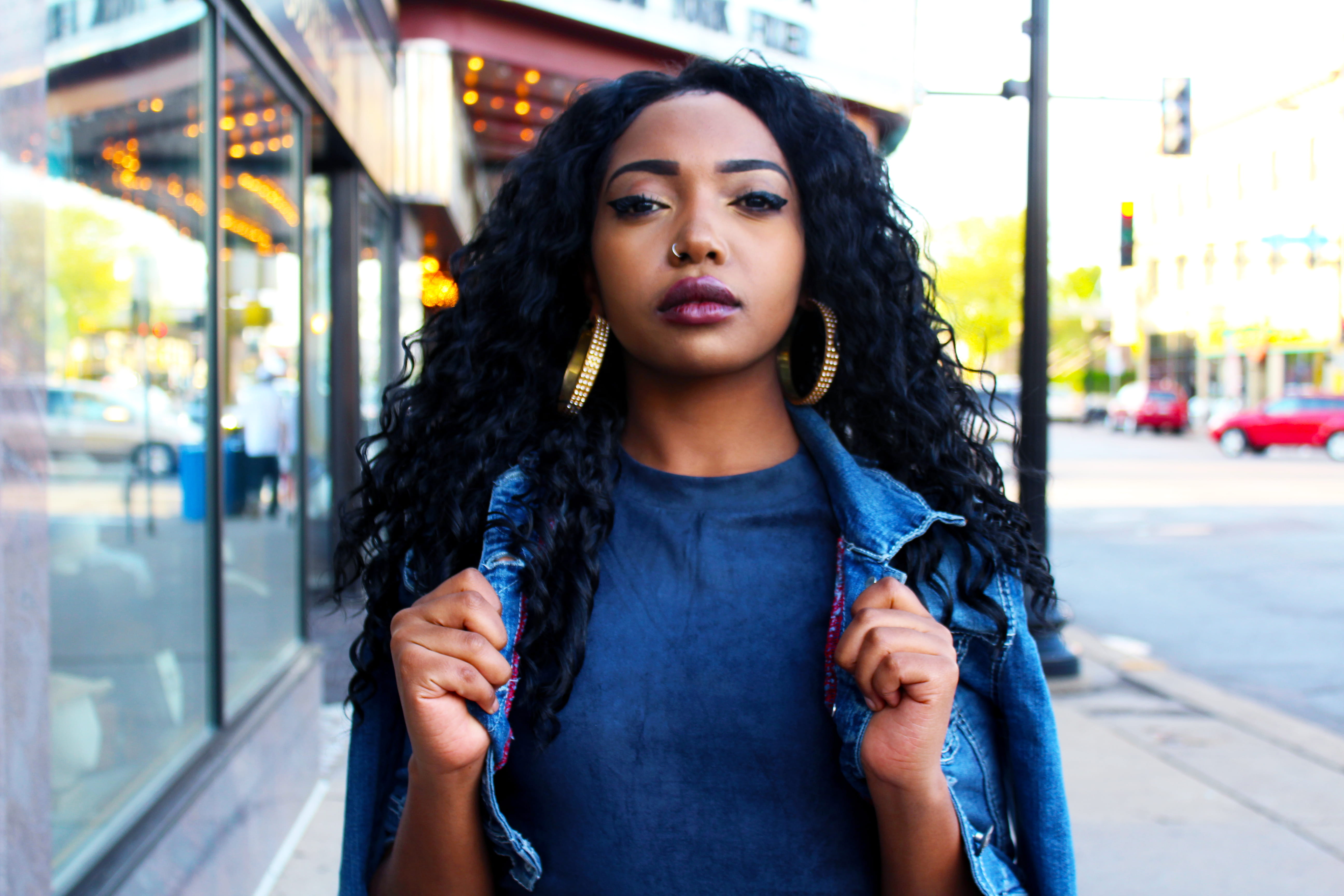 glass, street, young Adult, one Woman Only, only Women, black hair, african Ethnicity, zip, beautiful woman, up, people, standing, architecture, blue denim, HD Wallpaper