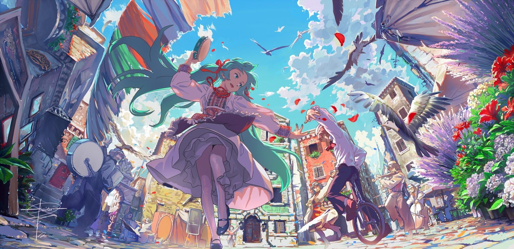 festival, nature, representation, flying, front view, anime girls, musical instrument, dress, females, white, festivals, young women, adult, HD Wallpaper