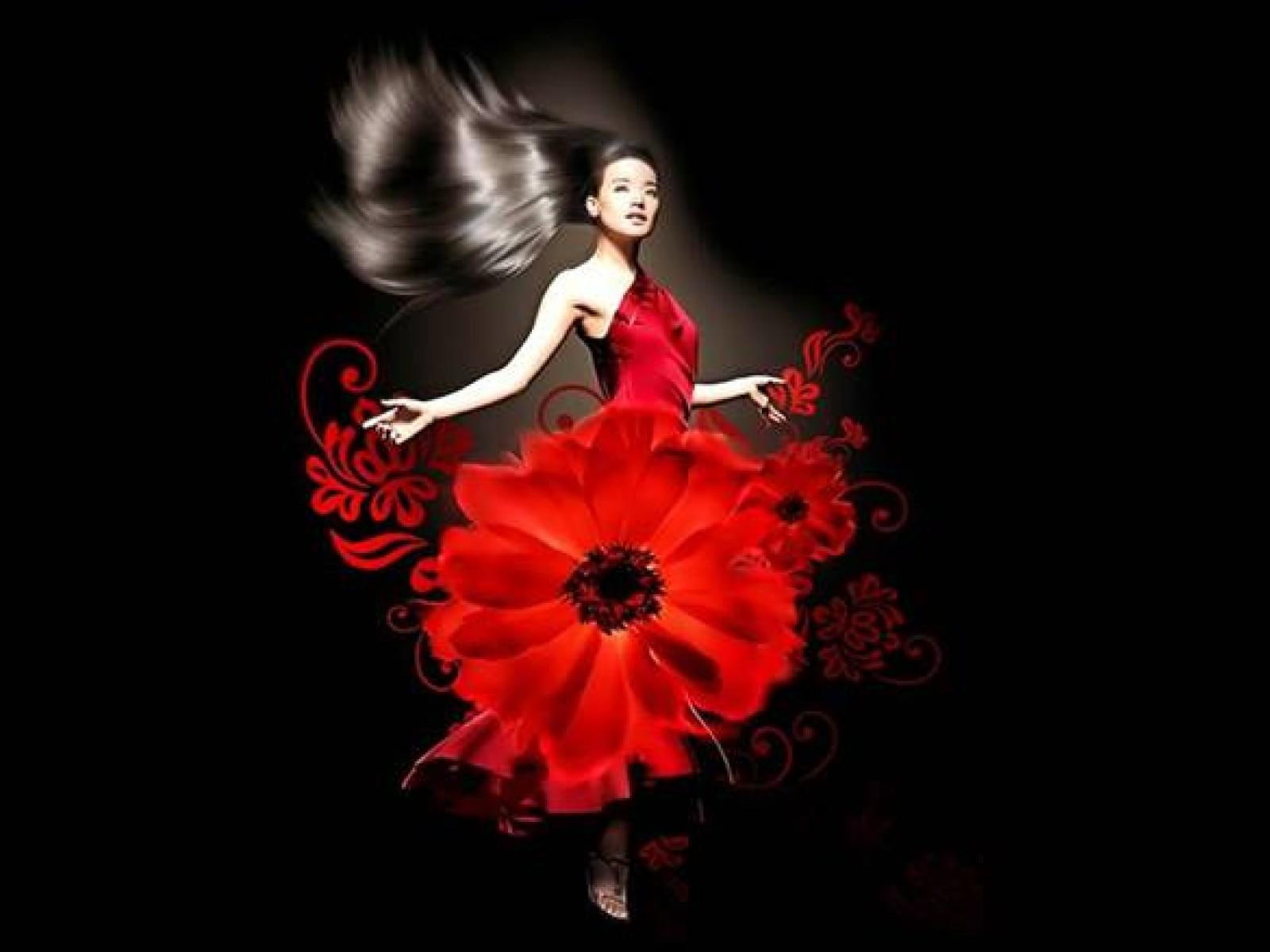 illustration, flower, red, dress, beautiful, daisy, girl, woman, 720P, hair, HD Wallpaper