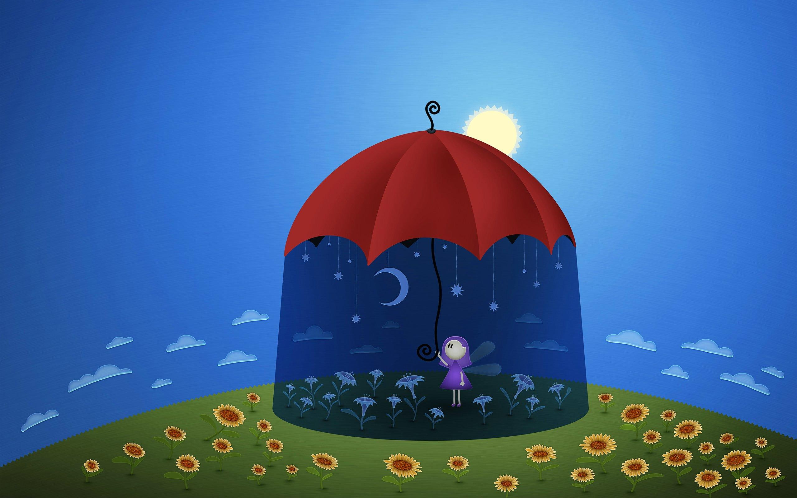 star, red, flower, illustration, doll umbrella, umbrella, 3d and abstract, big, purple, dress, cute, 2K, girl, HD Wallpaper