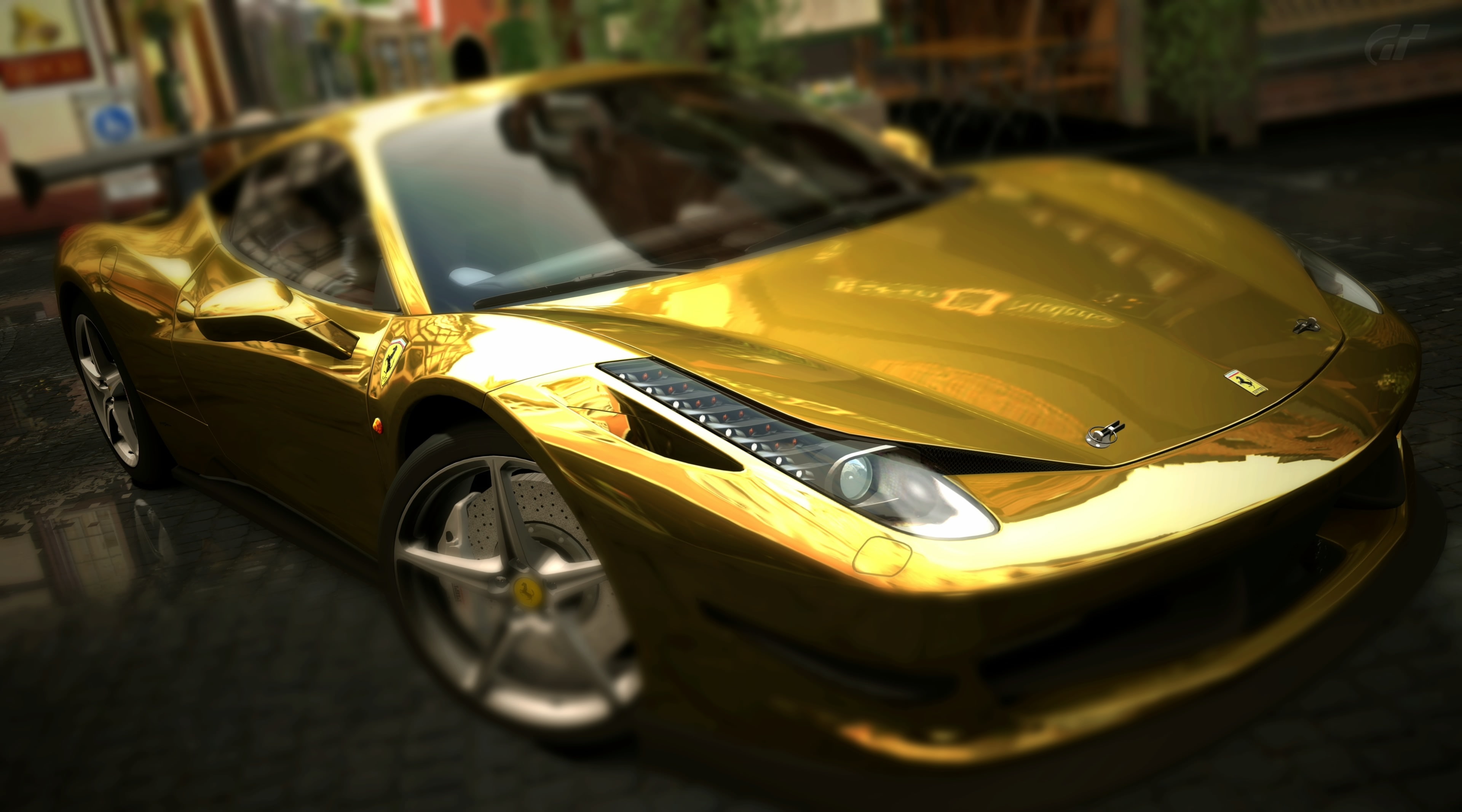 wheel, transportation, reflection, close-up, land vehicle, lamborghini, Games, still life, day, yellow, car, Gran Turismo, ferrari 458 italia, shiny, gran turismo 5, HD Wallpaper
