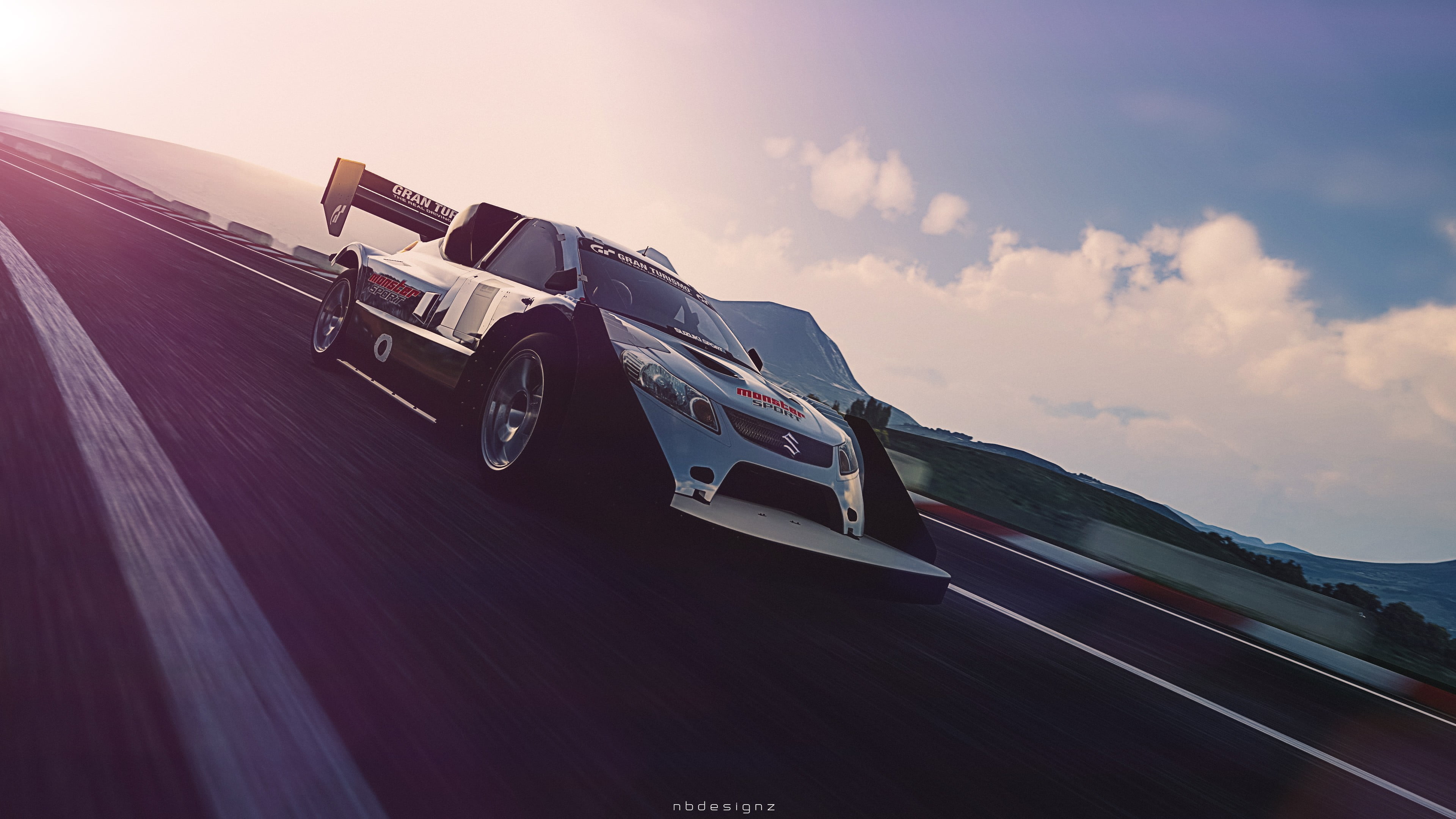 sunset, wheel, speed, road trip, nature, Gran Turismo 6, outdoors, video games, land vehicle, low angle view, sky, blurred motion, 4K, no people, motor racing track, HD Wallpaper