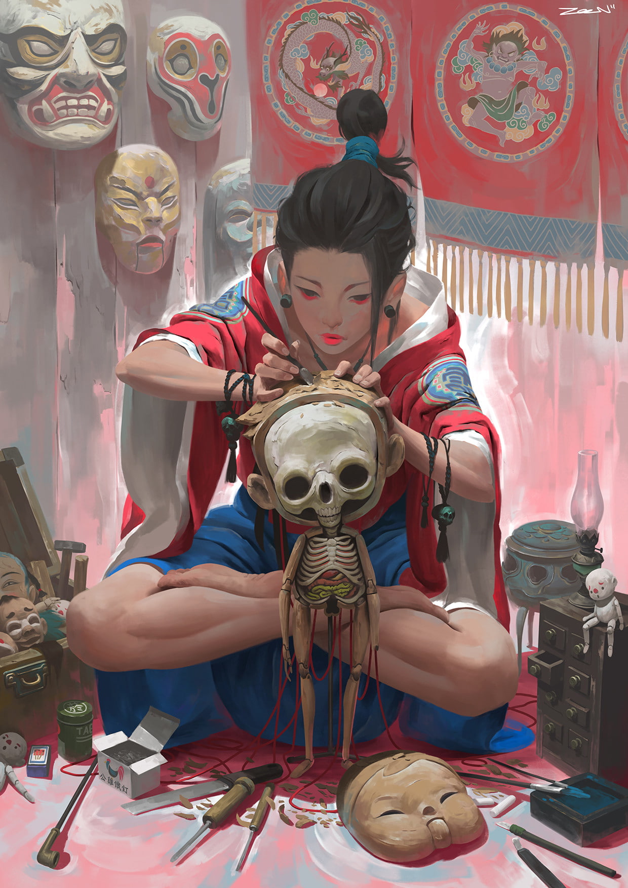 brunette, horror, tools, women, dress, Zeen Chin, 720P, goblin, mask, Phone HD Wallpaper