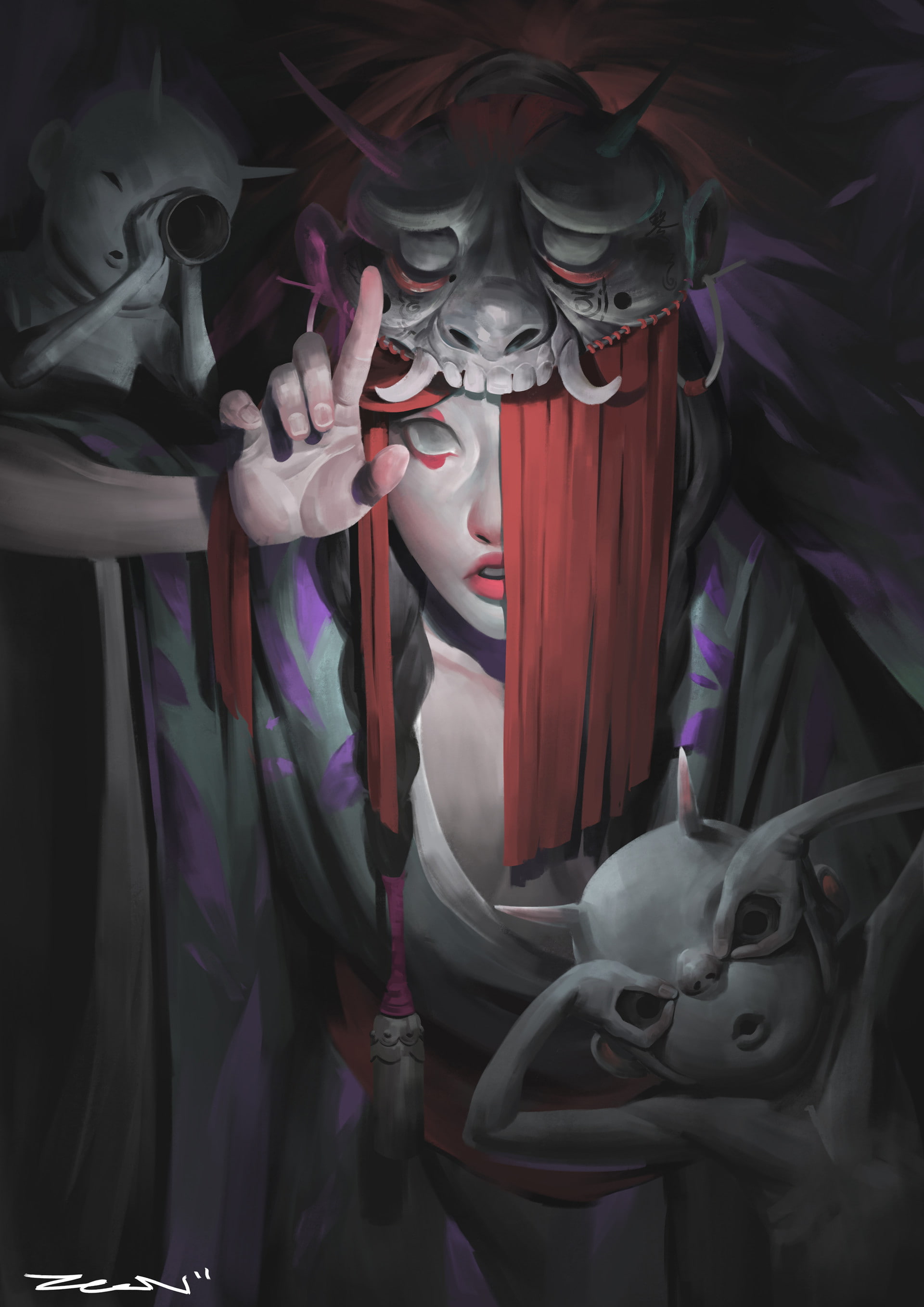 dress, mask, Zeen Chin, 2K, redhead, women, drawing, Phone HD Wallpaper