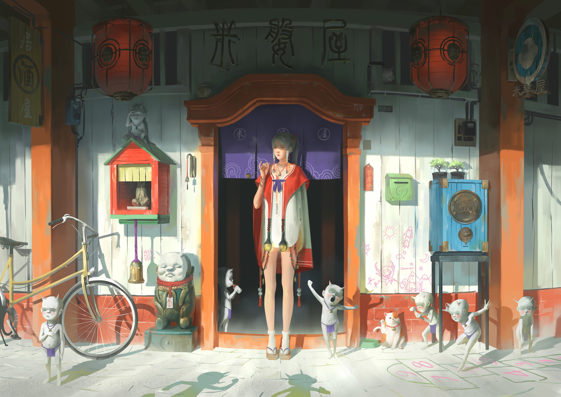 Zeen Chin, women, door, 1080P, dress, Goblin, Bicycle, HD Wallpaper
