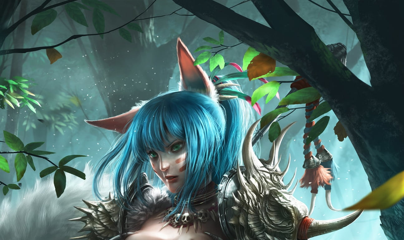 leaves, green, females, forest hunter, tree, women, plant, dyed hair, The forest hunter, fantasy, 720P, luminos, nature, hair, blue, lifestyles, headshot, HD Wallpaper