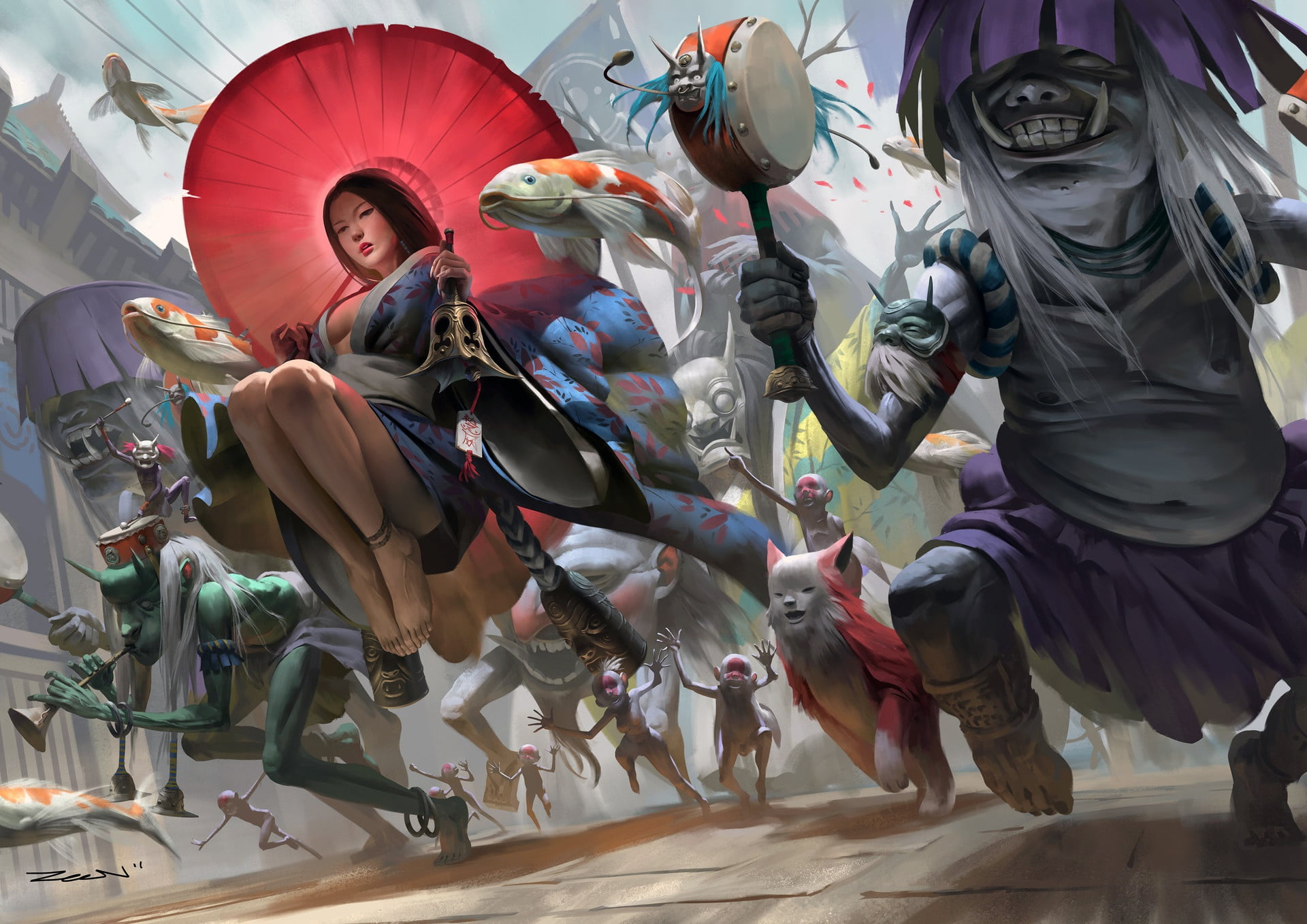 creatures, girl, fantastic creatures, fantasy art, Zeen Chin, artwork, goblin, 1080P, umbrella, fantasy, legs, magic, artist, kimono, long hair, fishes, HD Wallpaper