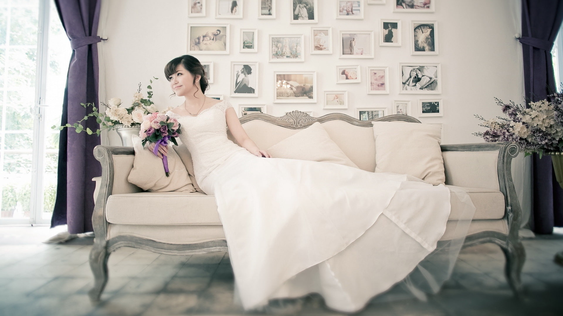 Asian, Sofa, Bride, White, Girl, 1080P, Dress, HD Wallpaper
