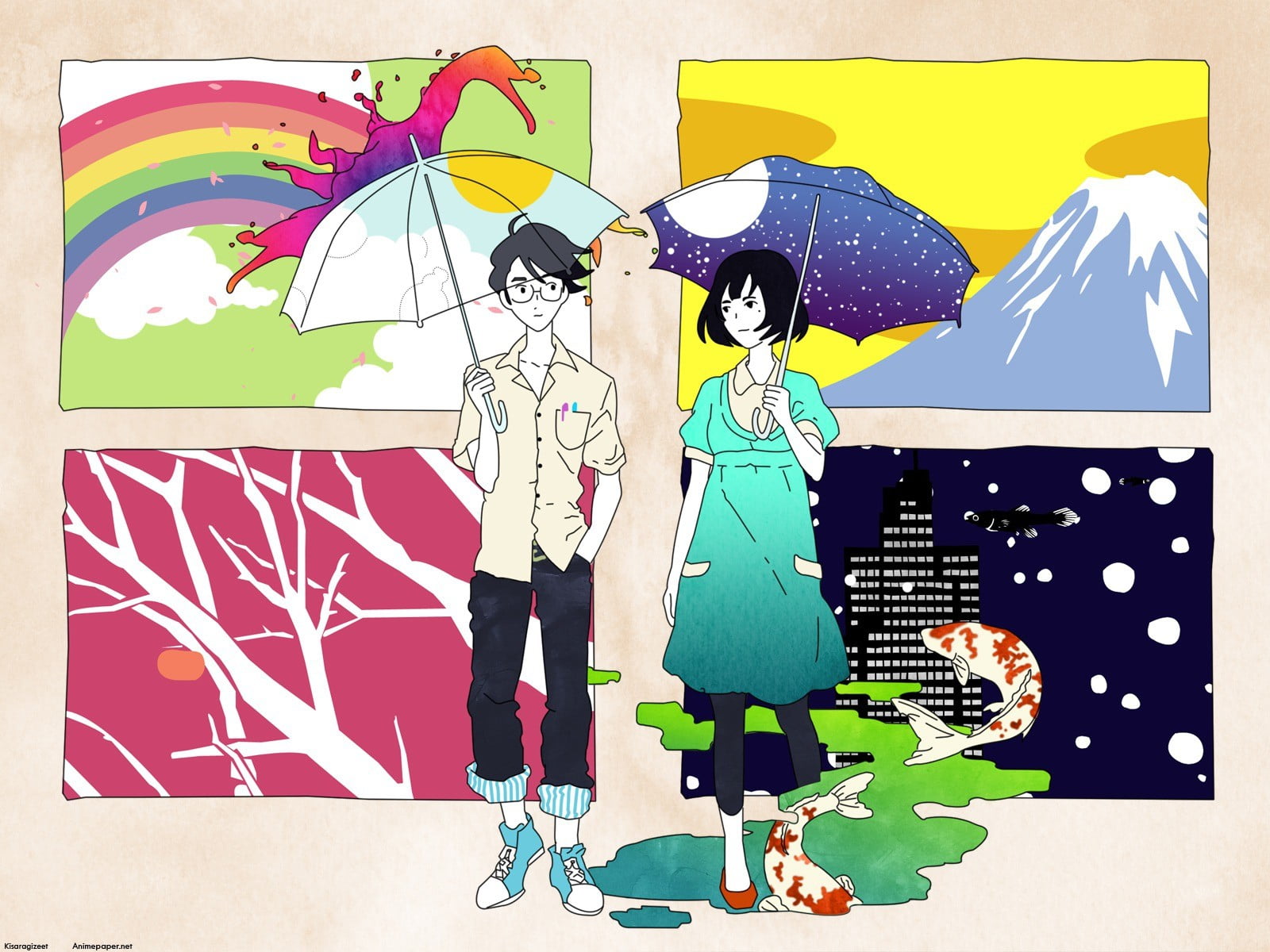 real people, illustration, representation, The Tatami Galaxy, mural, two people, togetherness, auto post production filter, full length, Yojouhan Shinwa Taikei, HD Wallpaper
