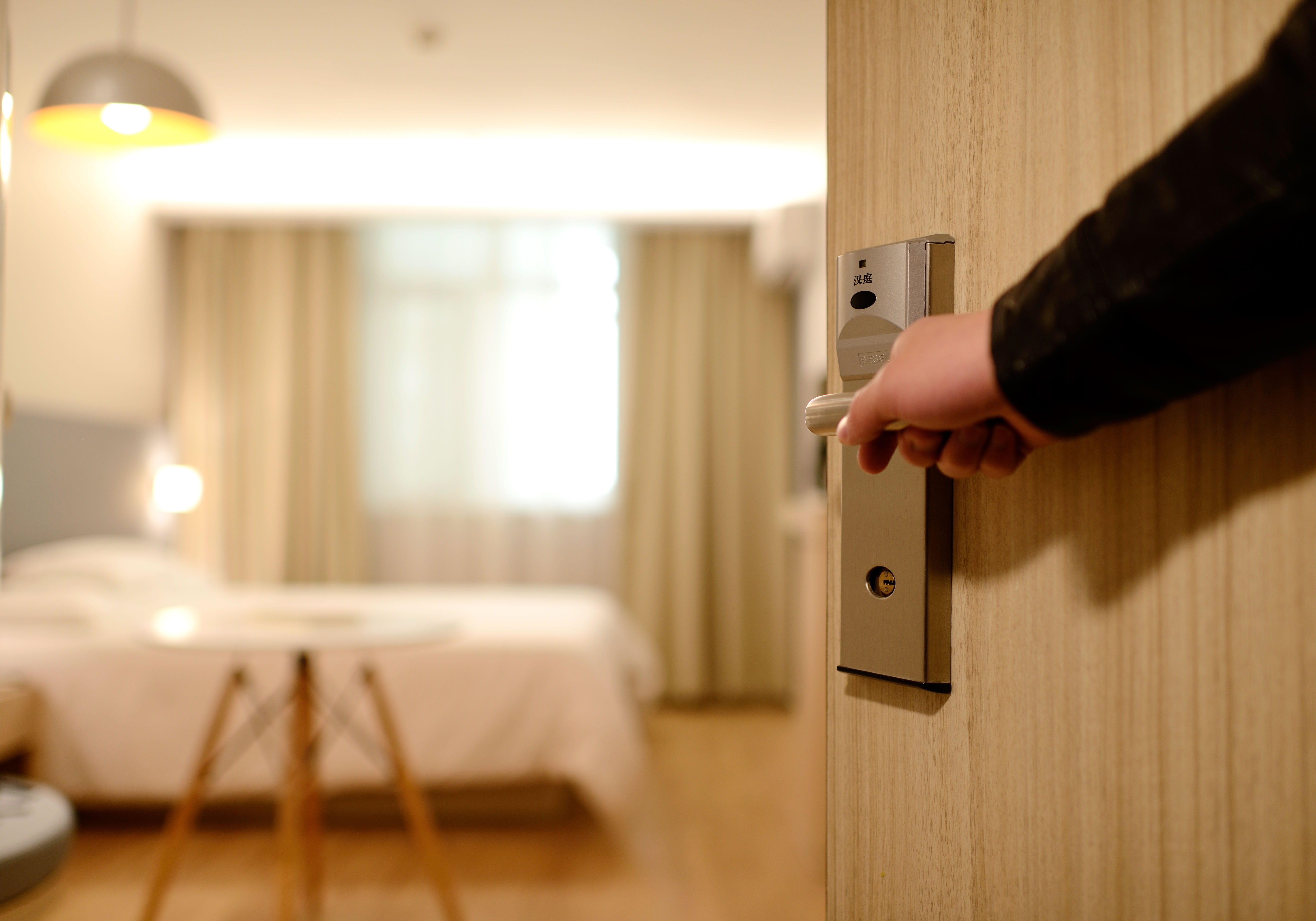 room, human hand, doorknob, opening, holding, 5K, guest room, safety, lock, entrance, top, body part, apartment, new, wood - material, architecture, door, HD Wallpaper