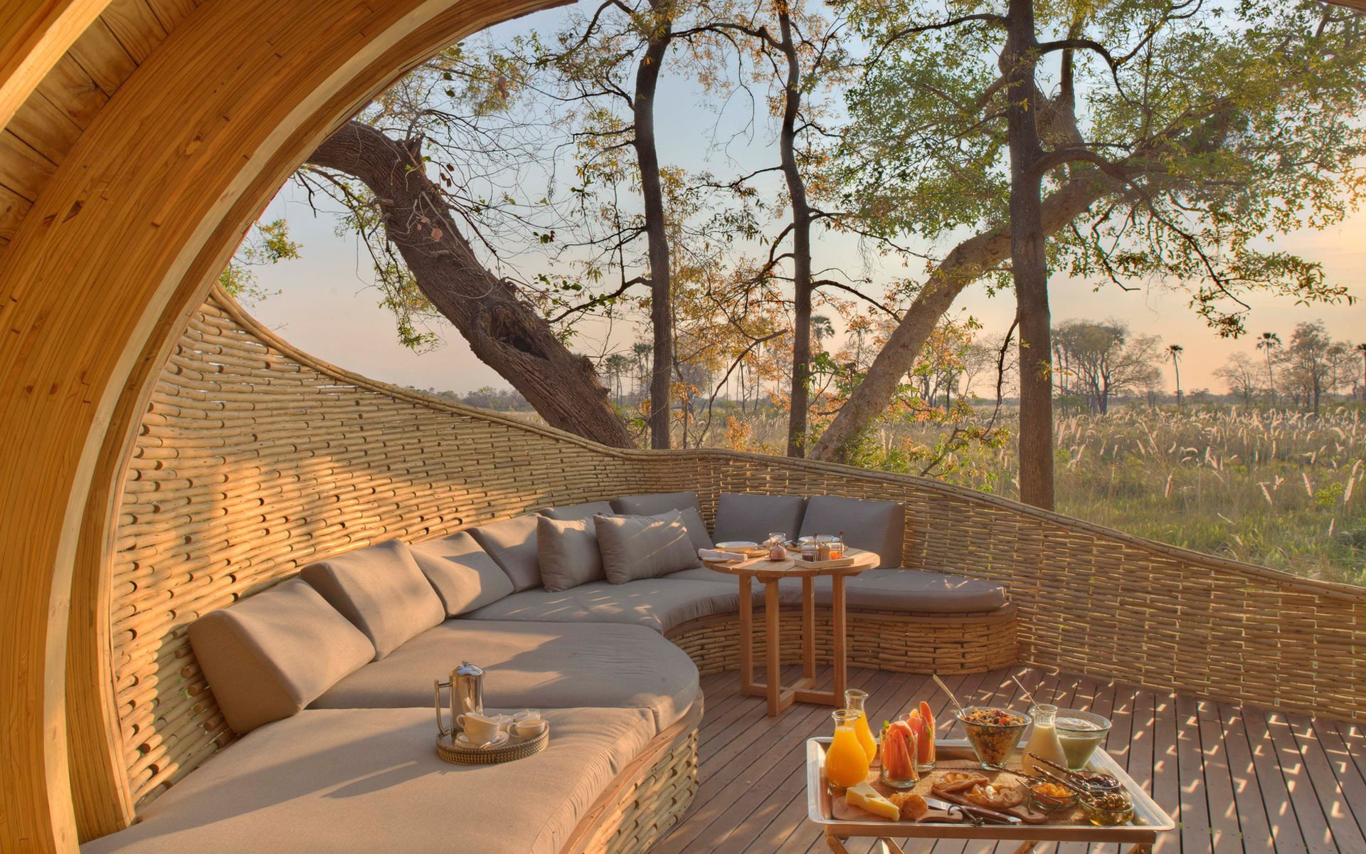 Sandie Okavango Safari Lodge, 1080P, Botswana, open lodge, luxury, guest area, overlooking the Okavango delta, HD Wallpaper