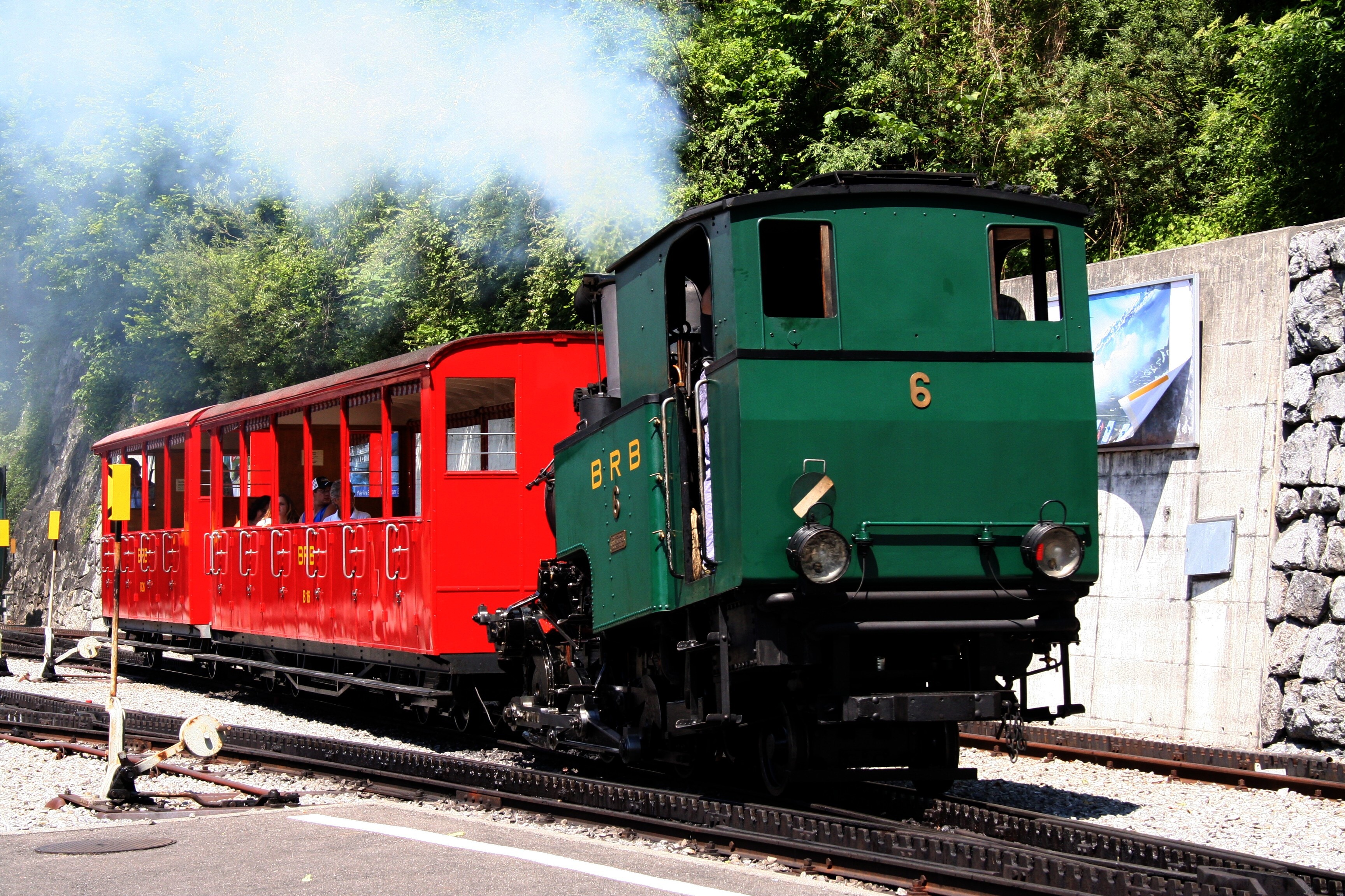 transport, railway, 2K, mountains, alpine, tree, track, passenger train, land vehicle, mode of transportation, view, steam locomotive, plant, locomotive, HD Wallpaper