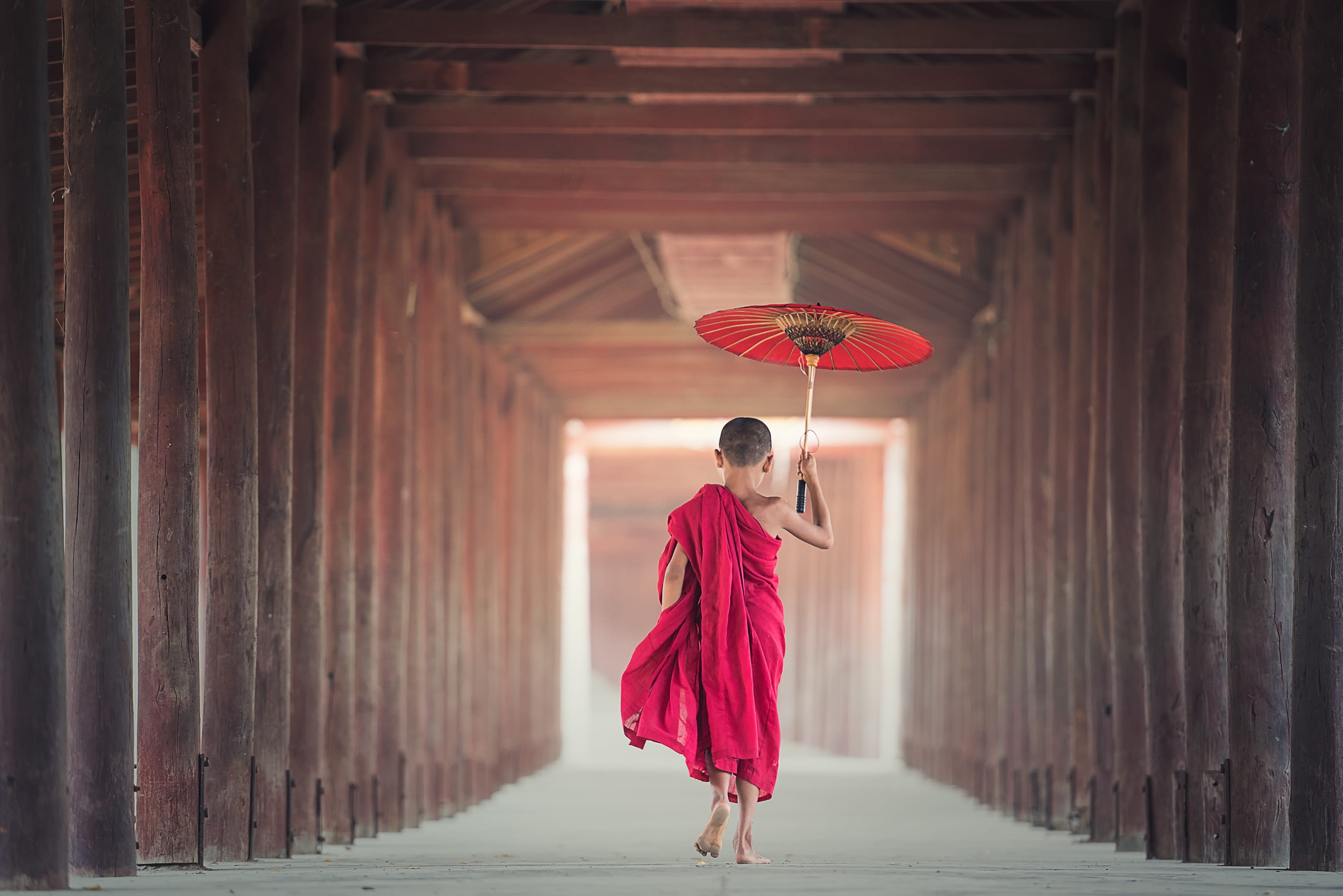 adult, belief, culture, place of worship, close-up, focus, architectural column, smile, real people, walking, built structure, daylight, rear view, monastery, HD Wallpaper