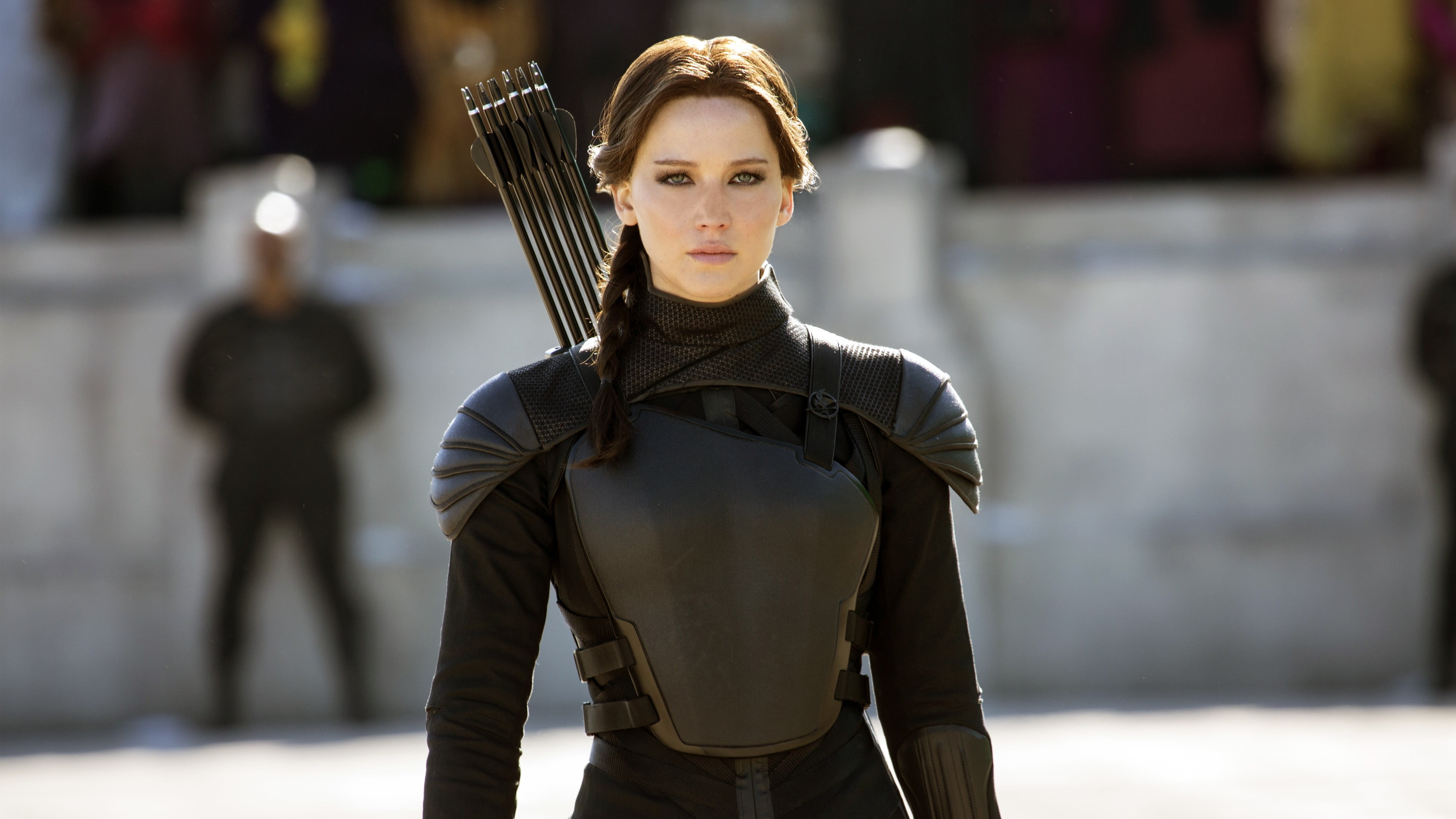 women, Jennifer Lawrence, portrait, leather, uniform, young adult, focus on foreground, hairstyle, architecture, 4K, city, clothing, looking at camera, HD Wallpaper