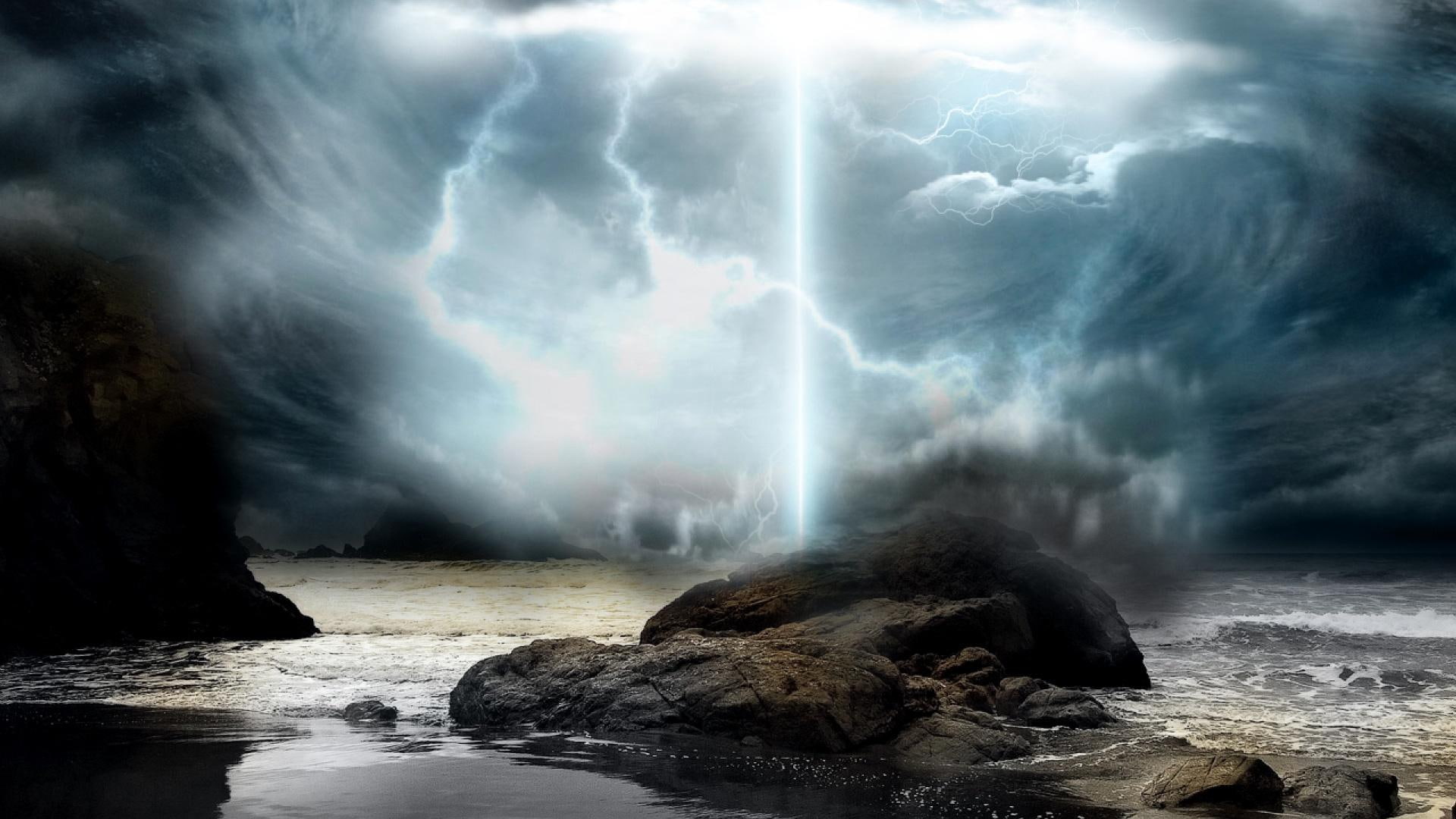 beautiful, sea, 1080P, stone, lightening, gark, beach, view, scenery, ocean, nature, beauty, lightning, clouds, storm, stromy, HD Wallpaper