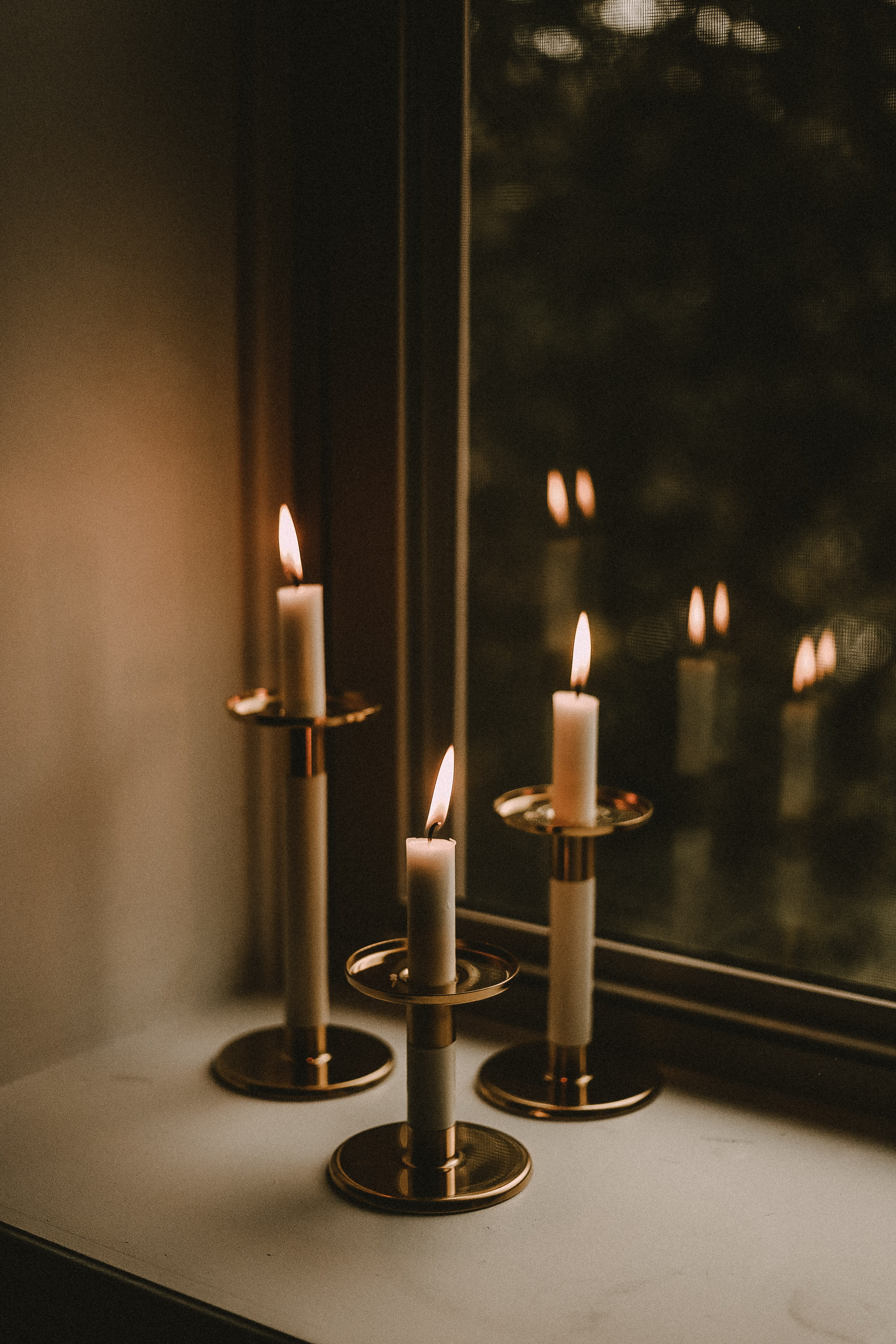 candle, three, lighting equipment, melting, nature, white, flame, heat - temperature, indoors, selective focus, 5K, place of worship, panel, window, burning, Phone HD Wallpaper