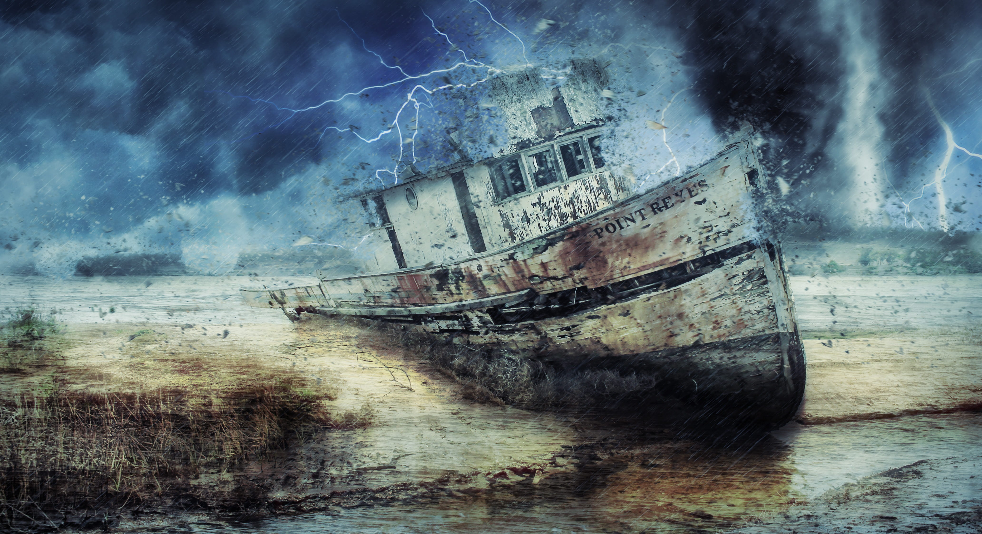 rotten, lightening, ship, destruction, sinking, 4K, bad weather, obsolete, shipwreck, clouds, sea, wreckage, nature, passenger craft, mode of transportation, HD Wallpaper