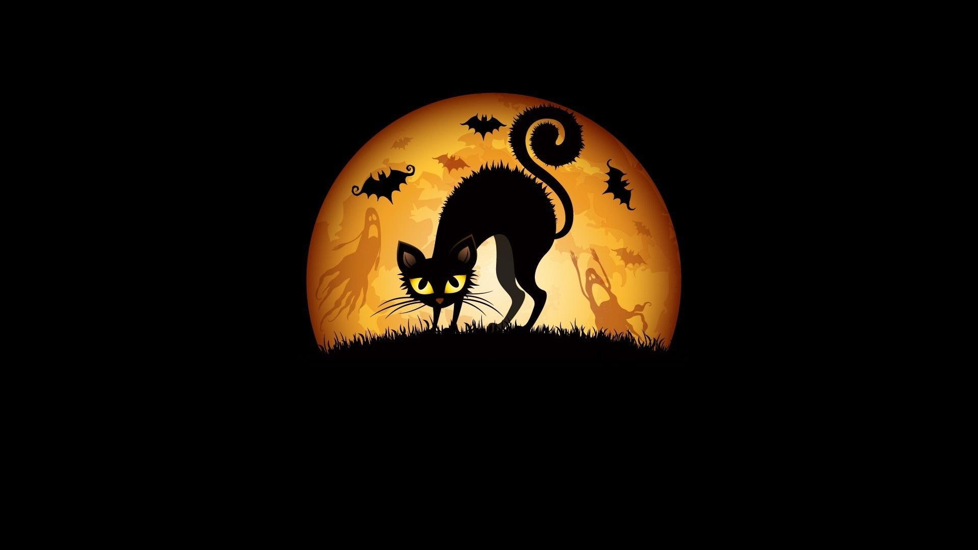 printed, table, 3d and abstract, black, cat, 1080p, holiday, 1080P, kitty, decor, halloween, meaww, lighten, moon, dark, HD Wallpaper