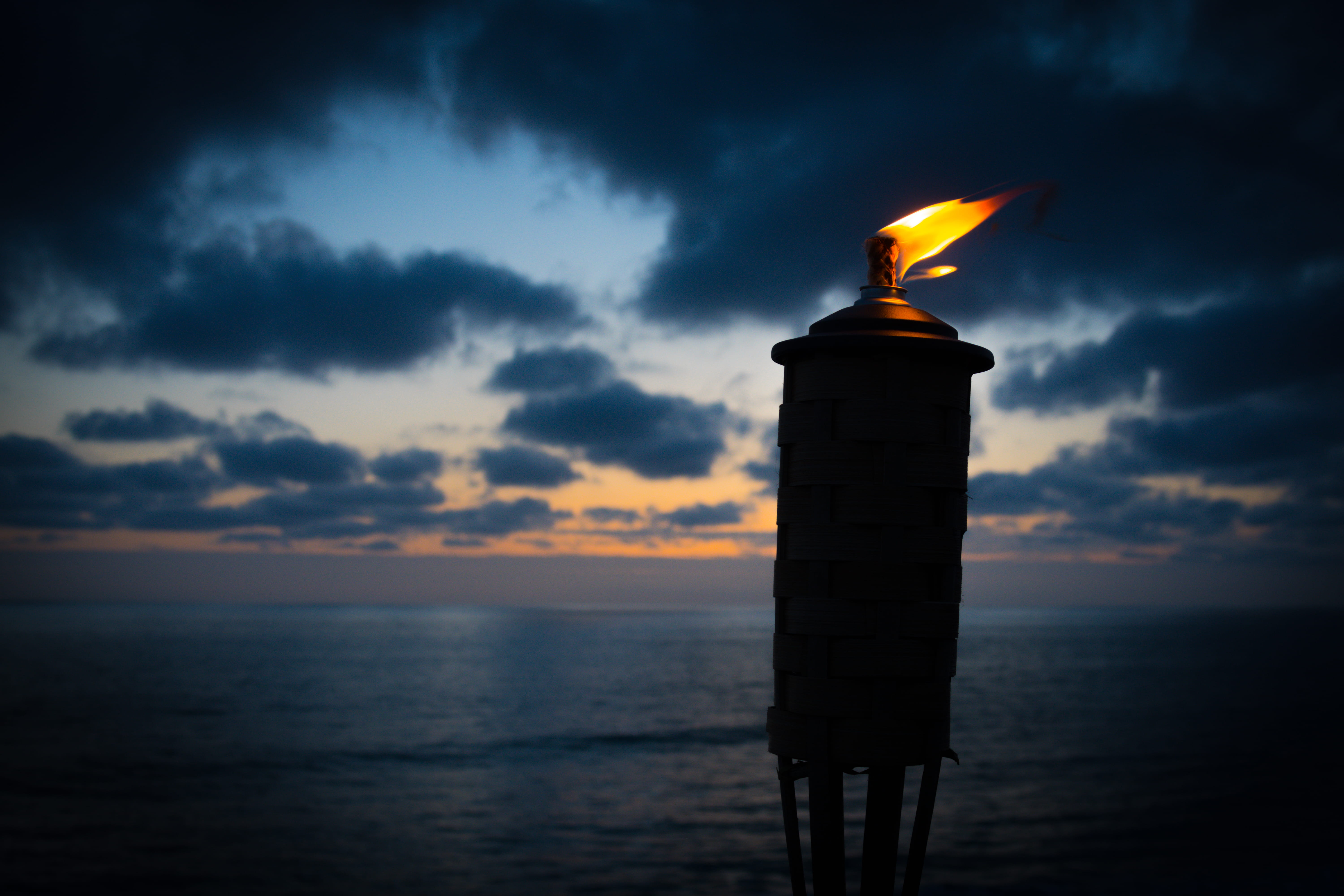 5K, fire, dark, coastline, horizon, cloud, cloud - sky, sunset, beauty in nature, flame, water, orange color, burning, dusk, lighted, sky, danger, beach, HD Wallpaper