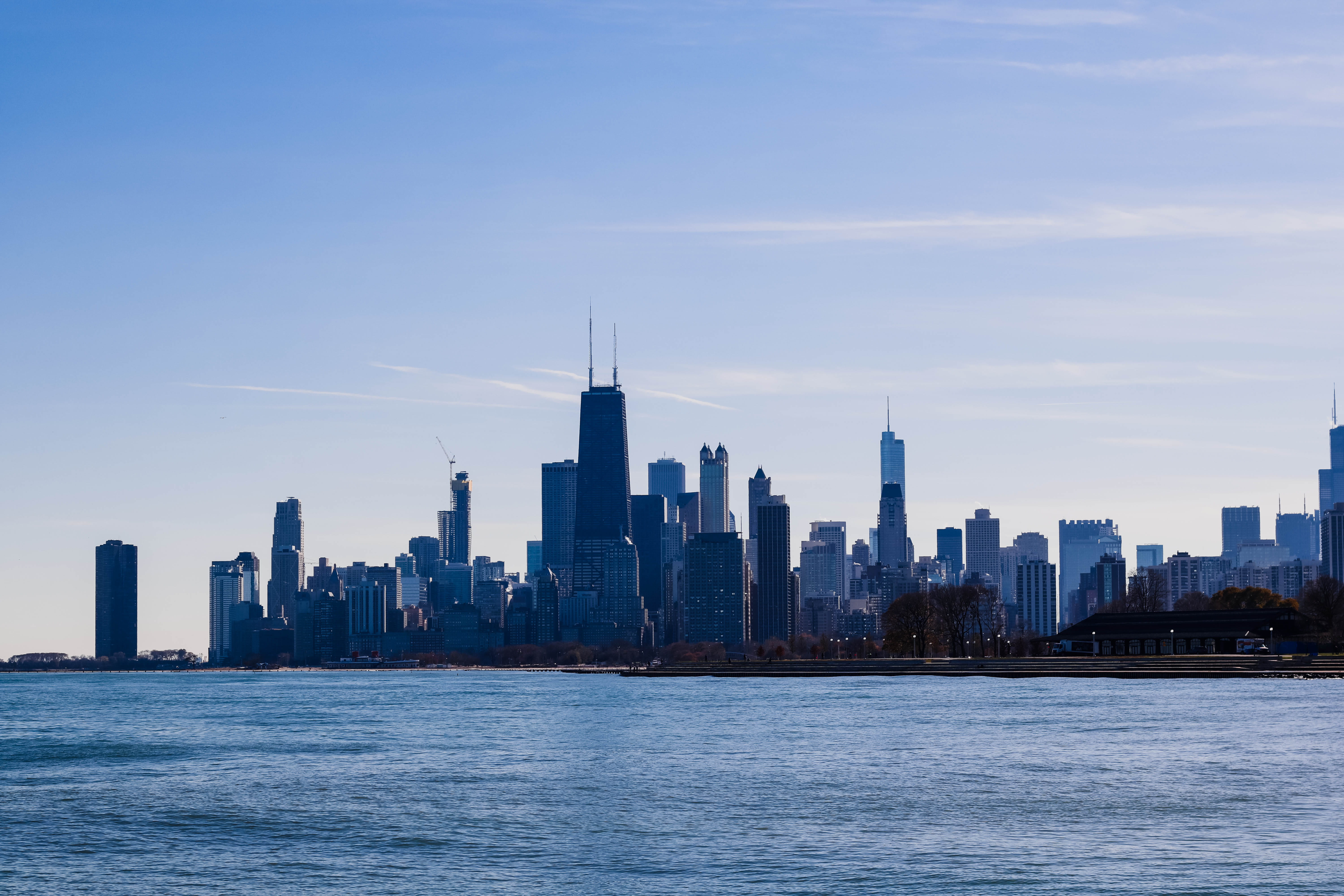 urban skyline, 5K, office, lake, cityscape, landscape, building exterior, city, cityline, built structure, travel destinations, lake michigan, sky, waterfront, HD Wallpaper
