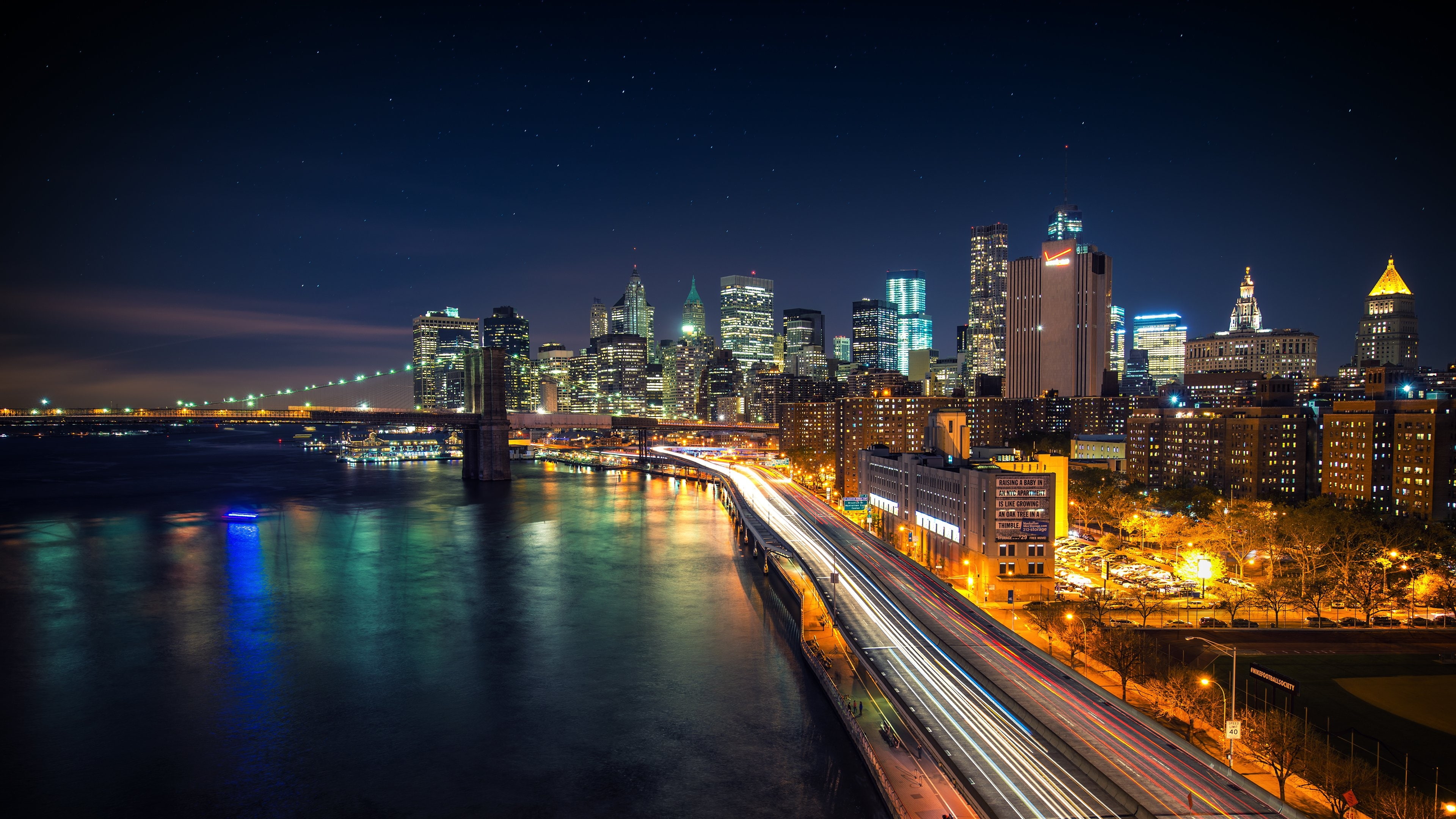 cityline, timelapse, bridge, stars, City, 4K, buildings, night, HD Wallpaper
