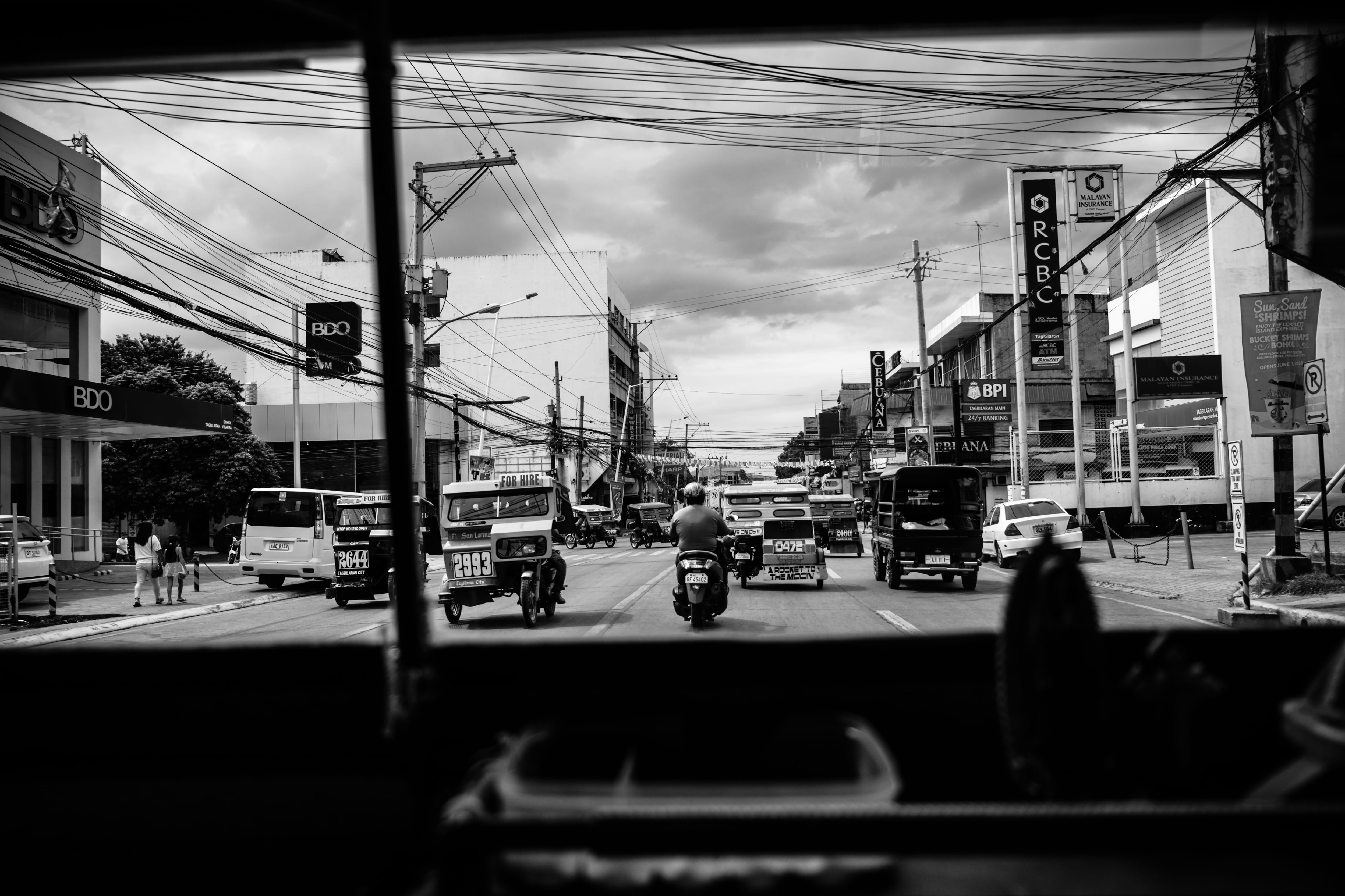 travel, cityline, land Vehicle, architecture, city Life, tagbilaran city, buildings, day, built Structure, white, urban Scene, uSA, black And White, transportation, HD Wallpaper