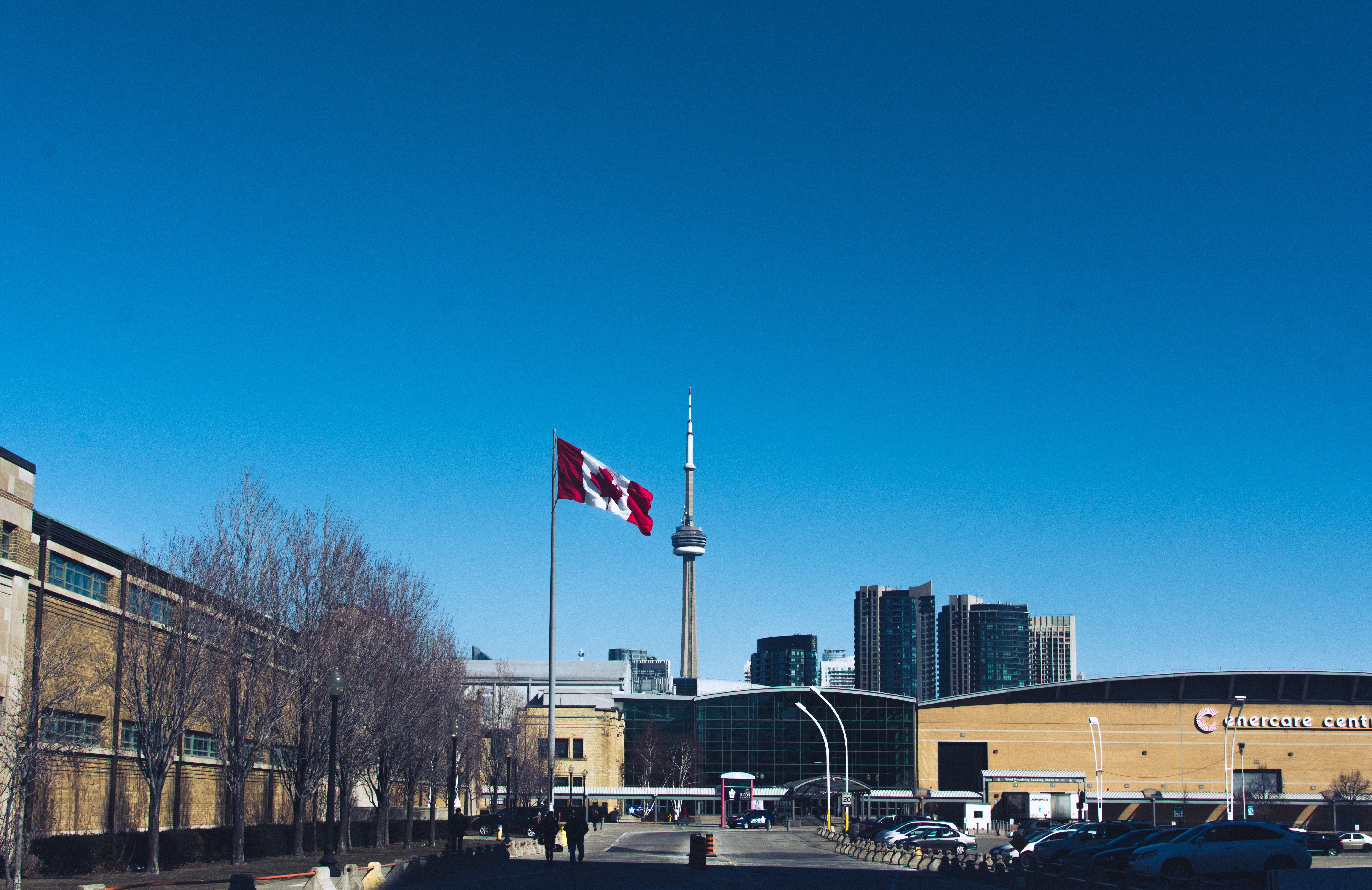 buildings, sunny, day, mode of transportation, urban, canada, patriotism, nature, motor vehicle, transportation, cityline, structure, sun, architecture, HD Wallpaper