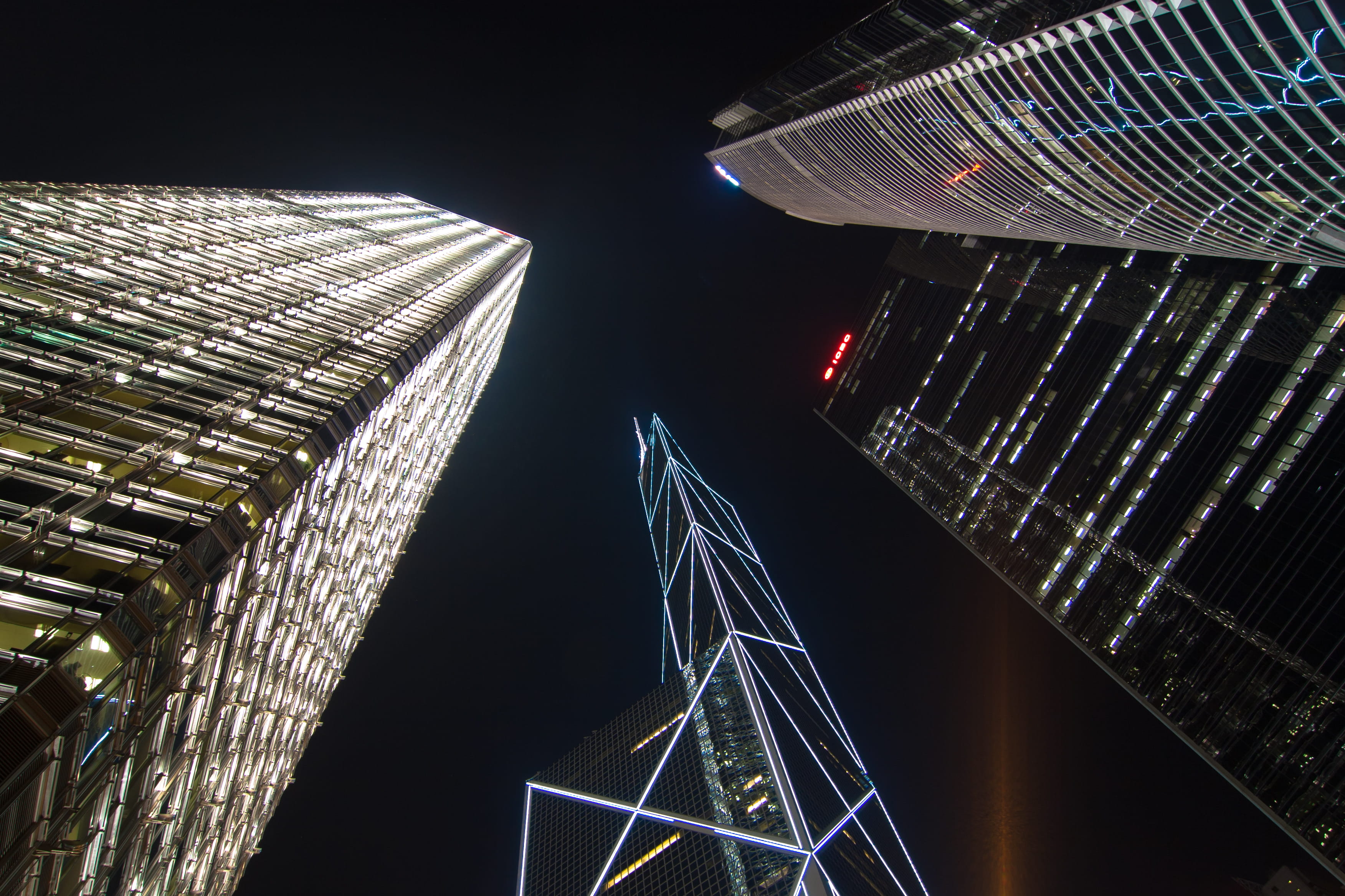 travel destinations, building, sky, tower, city life, office building exterior, financial district, city lights, evening, hong kong, skyscraper, low angle view, HD Wallpaper