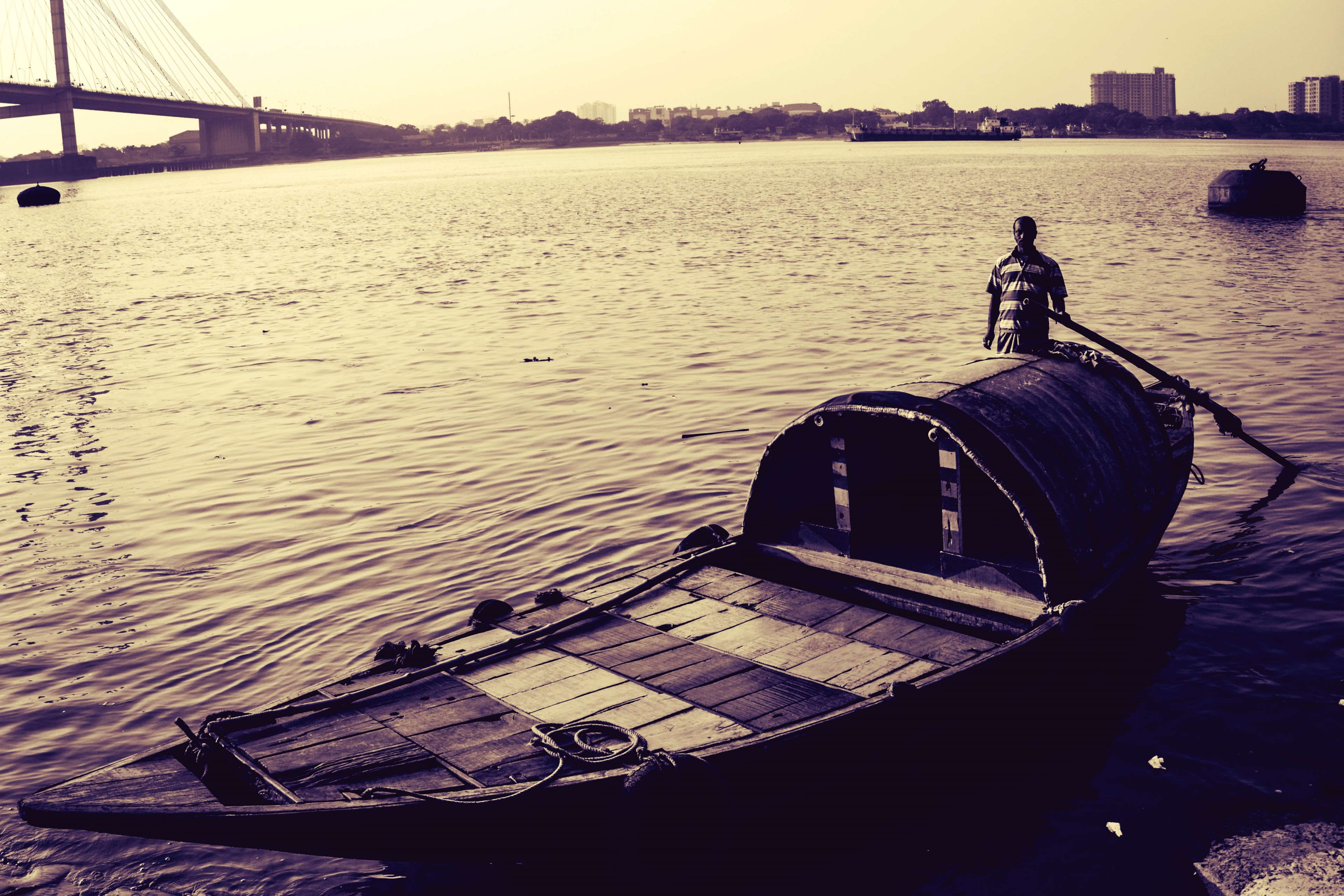 4K, sitting, one person, sepia, travel destinations, connection, water, pier, men, transportation, rowboat, built structure, mode of transportation, houseboat, HD Wallpaper
