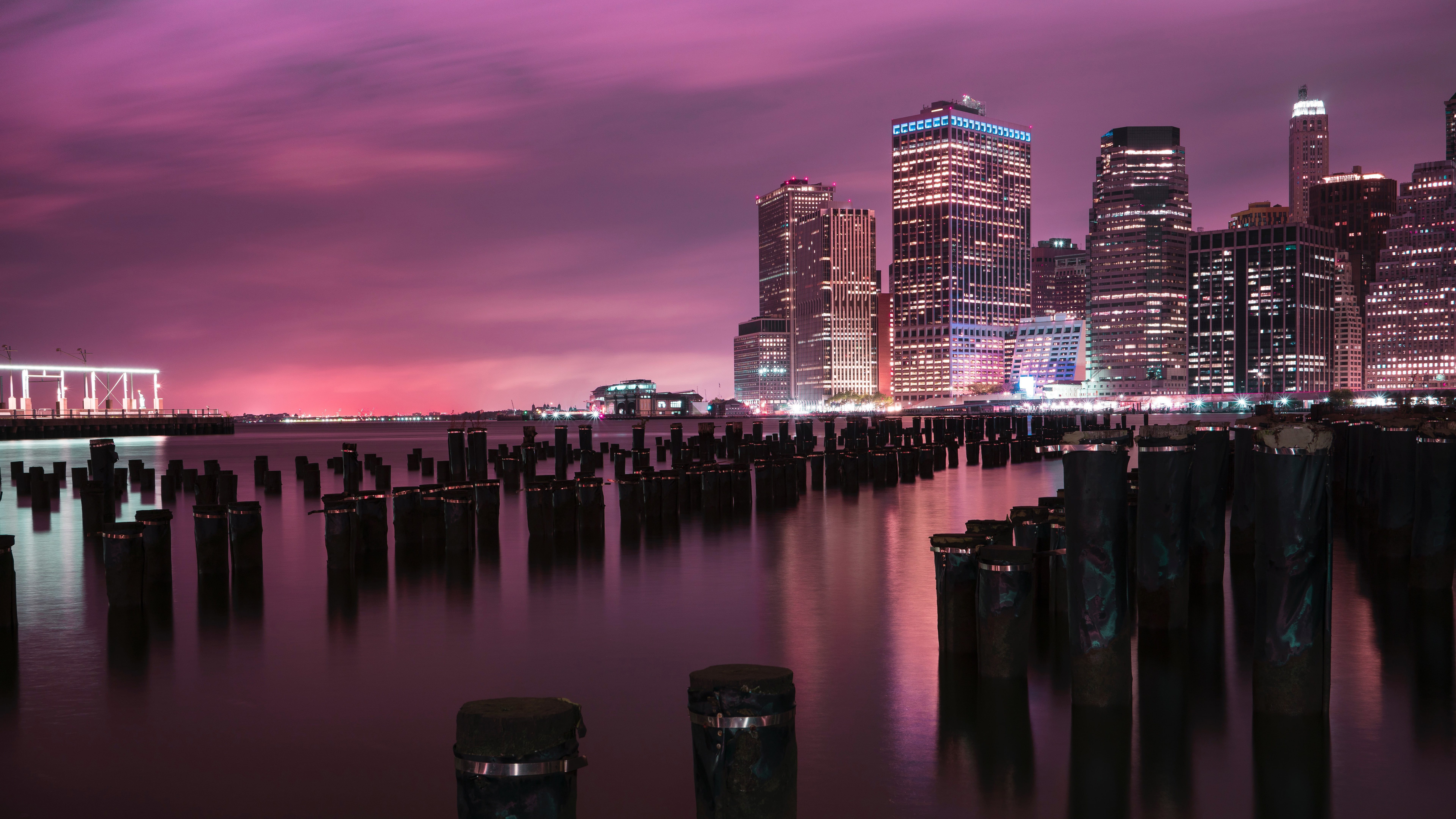 architecture, dusk, no people, nature, Relfections, building, Brooklyn, skyscraper, waterfront, night, bridge, purple, k, building exterior, cloud - sky, HD Wallpaper