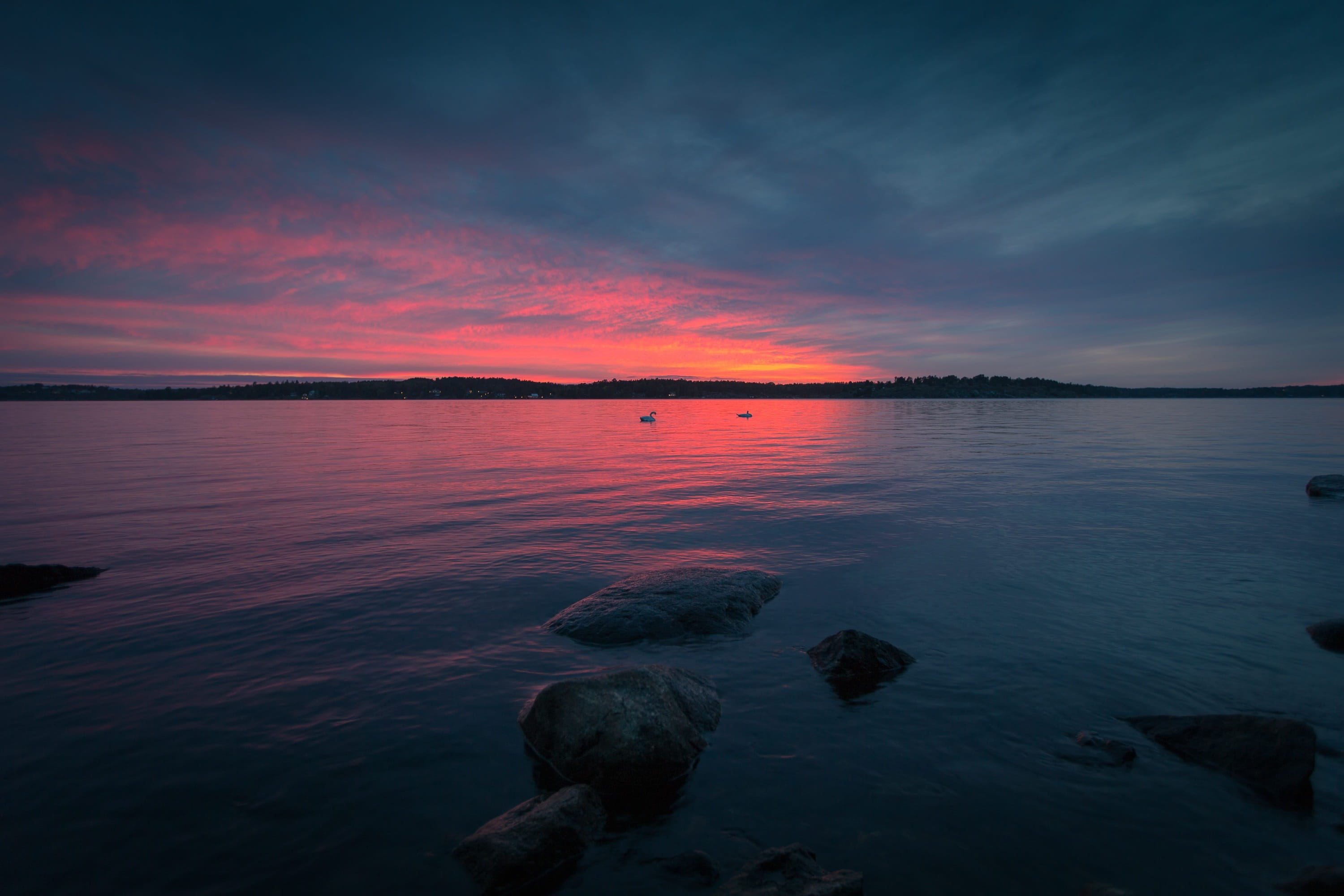 atmospheric, twilight, calm, sunset, ocean, coast, dark, red, scenics - nature, no people, nature, orange color, non-urban scene, scenic, 2K, sea, evening, HD Wallpaper