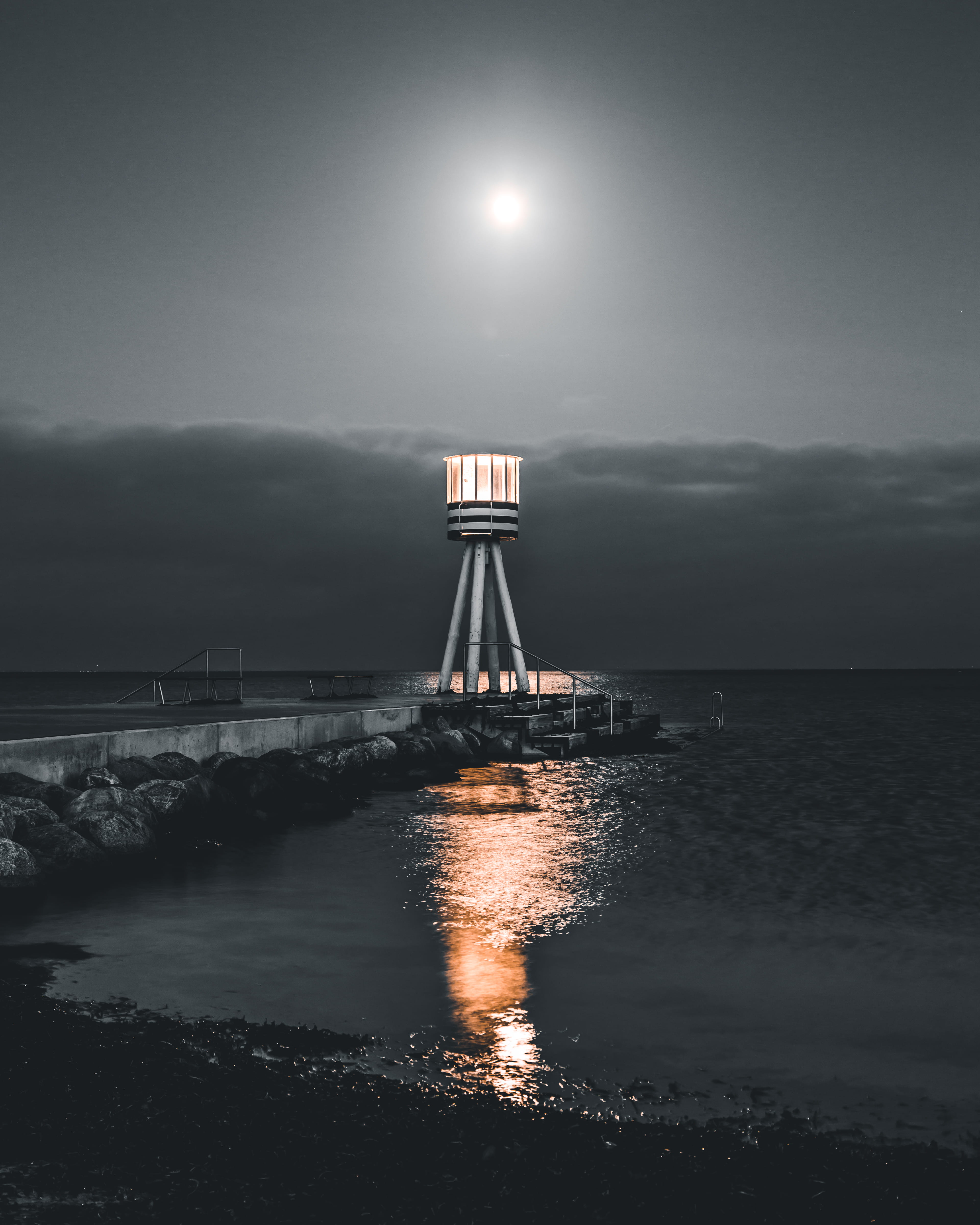 architecture, sunset, mood, bay, moon reflection on water, waterfront, pier, moon, beside, sea, reflection, sky, sunlight, nigh ttime, no people, cloud - sky, Phone HD Wallpaper
