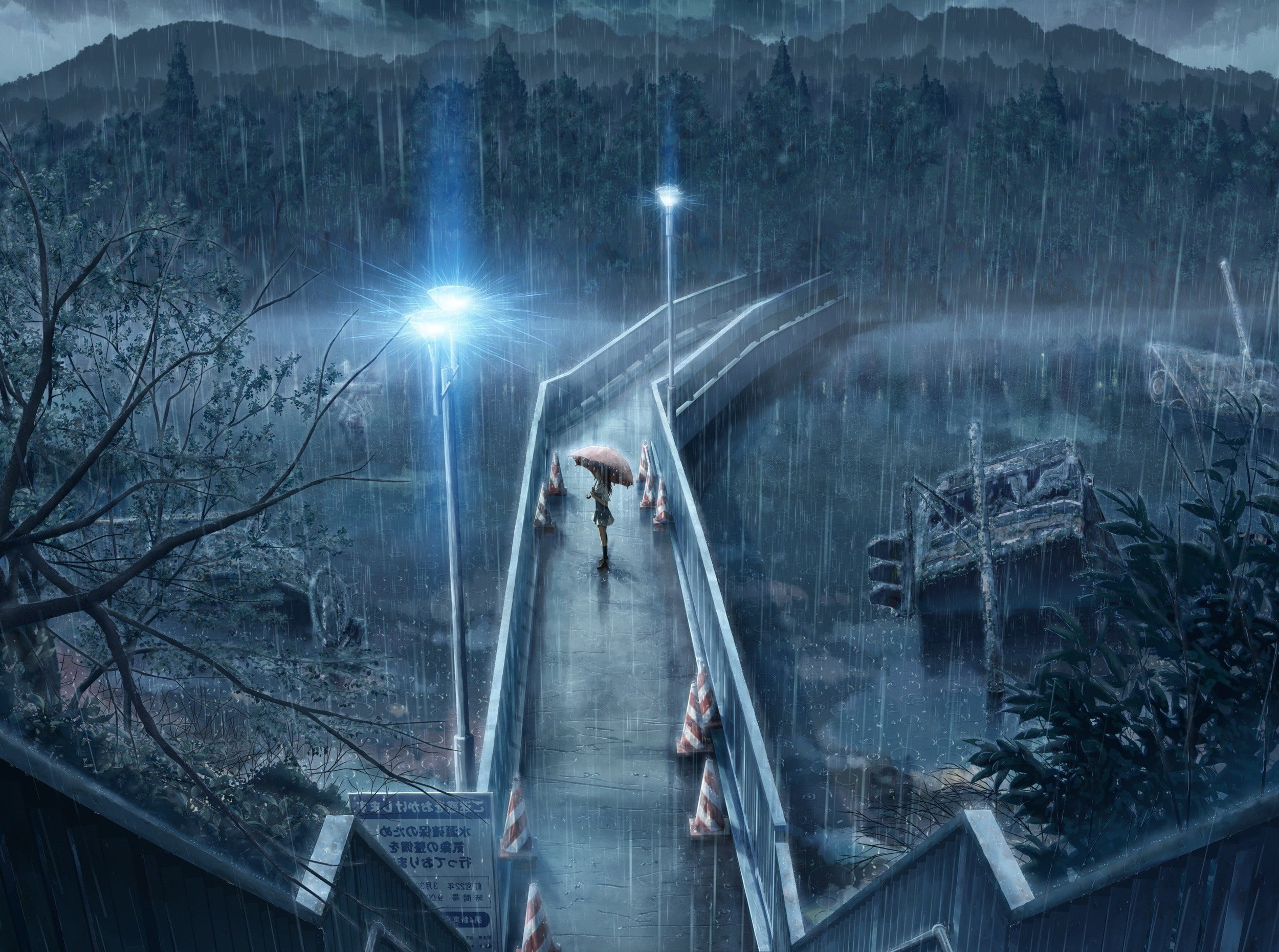 night, heavy Rain, 1080P, rain, anime, HD Wallpaper