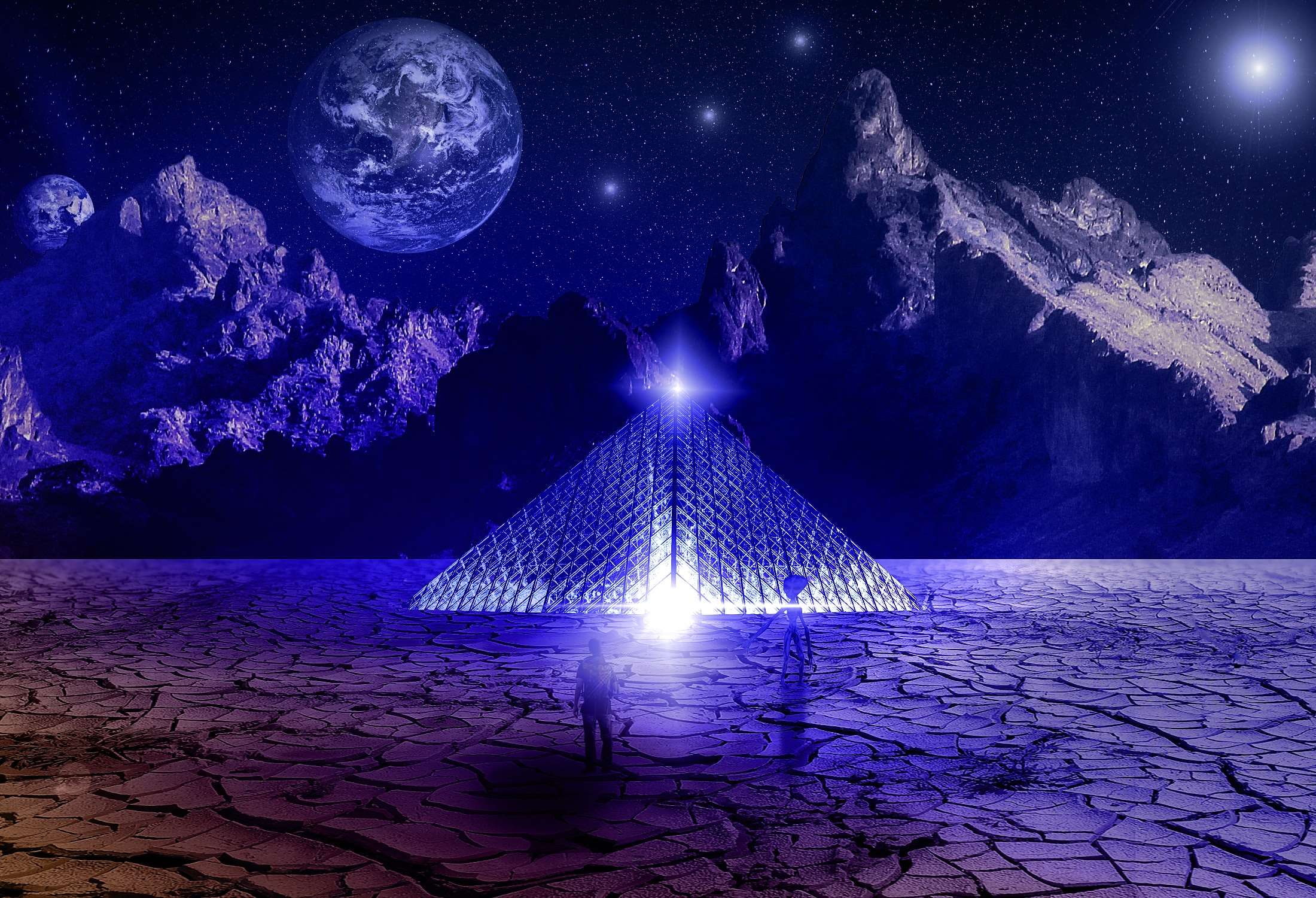 night, blue, flying, desert, 1080P, light - natural phenomenon, moonlight, scenics - nature, saucer, star - space, beauty in nature, galaxy, alien, astronaut, HD Wallpaper