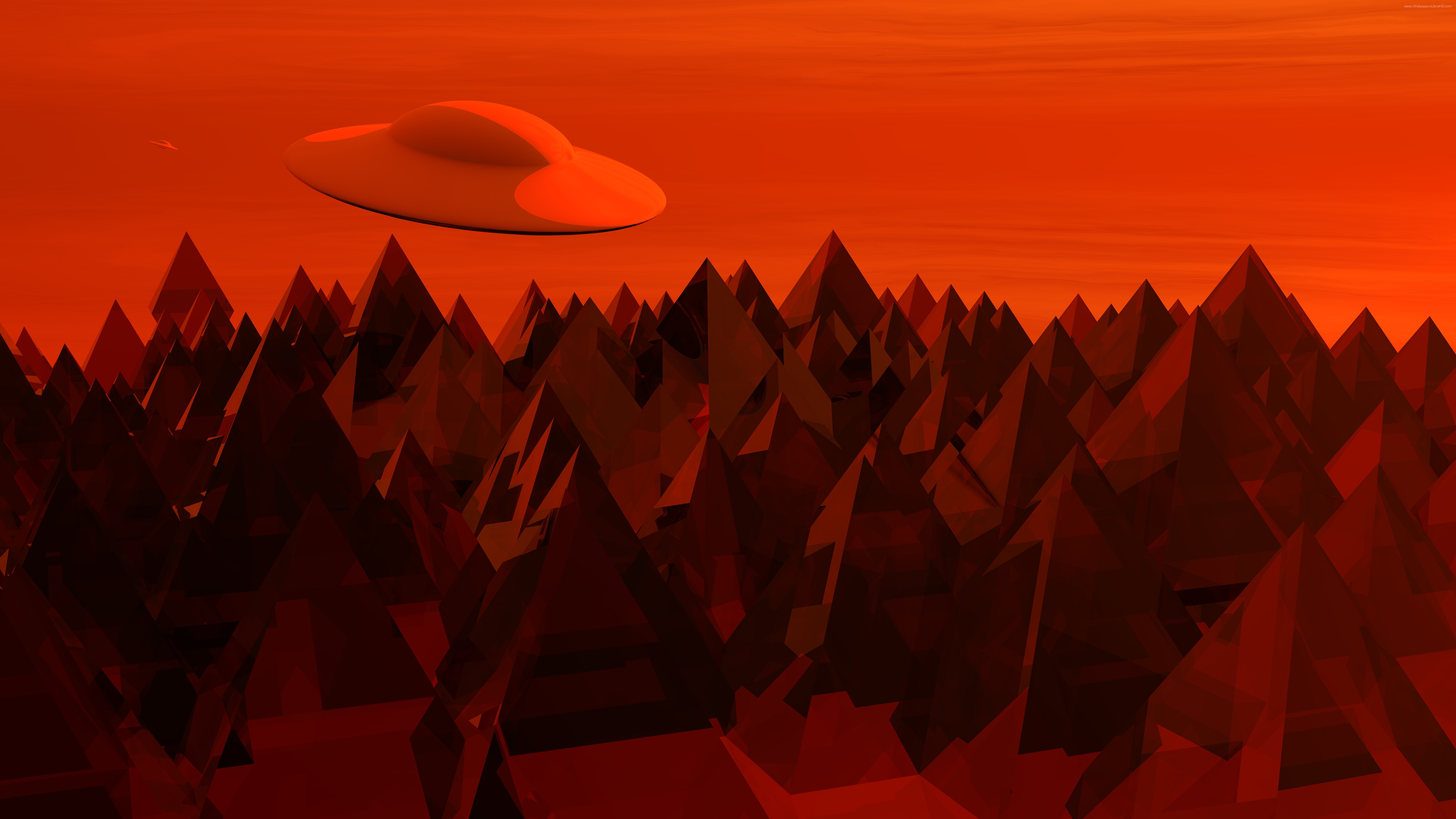 8K, Red Sky, mountains, Flying Saucers, HD Wallpaper