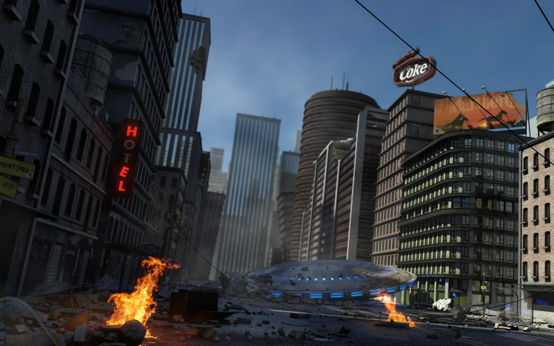 nature, built structure, Flying saucer, office building exterior, the crash, aliens, modern, flame, sky, the city, illuminated, no people, dusk, cityscape, HD Wallpaper