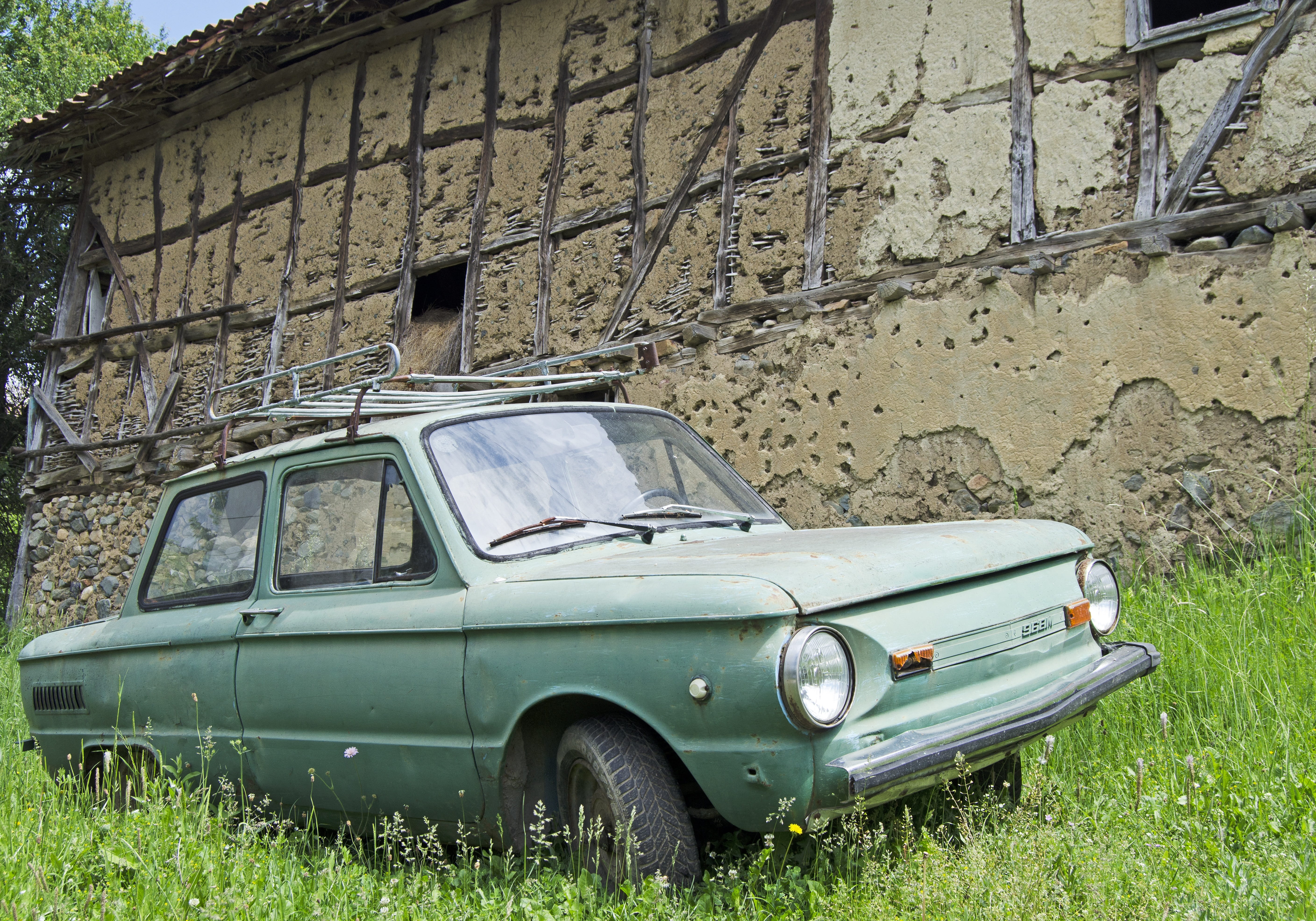 no people, nature, ukraine, abandoned, soviet porsche, run-down, grass, mode of transportation, retro, outdoors, vintage, damaged, vintage car, building exterior, HD Wallpaper