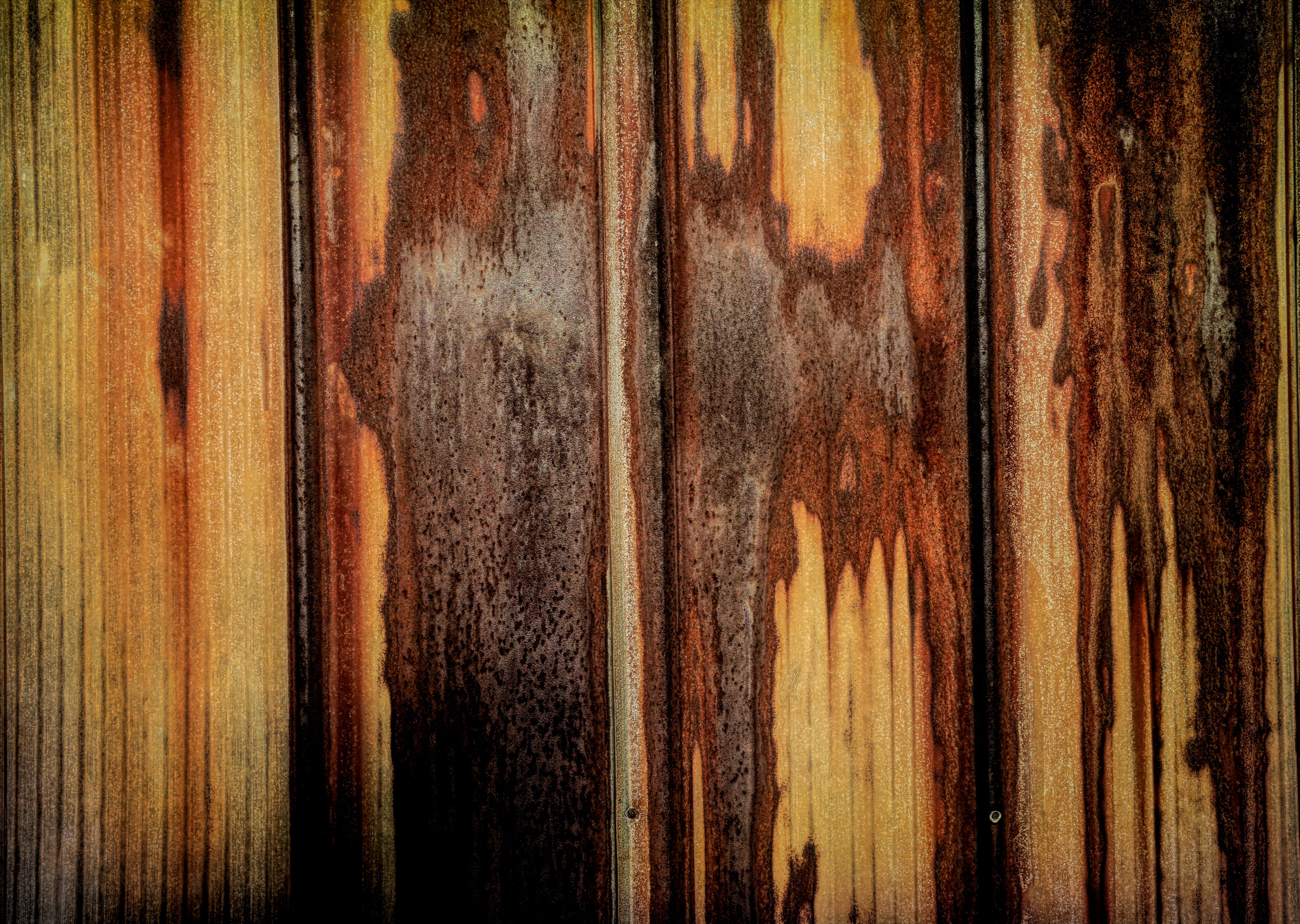 5K, old, yellow, damaged, wood, pattern, brown, wood - material, close-up, full frame, red, grunge, wood grain, corrugated iron, rust, orange color, no people, HD Wallpaper