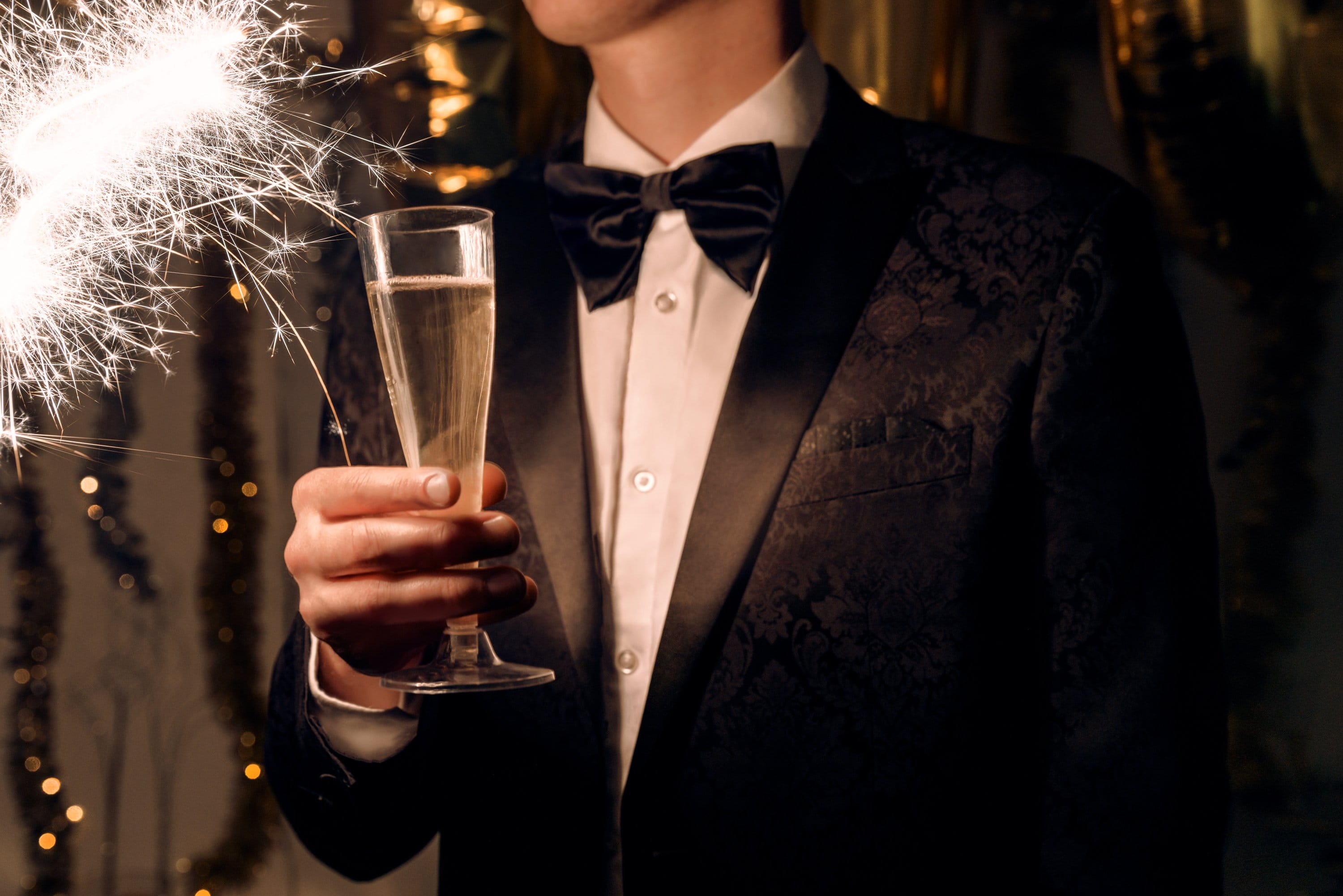clothing, bow tie, elegance, nightlife, glass, food and drink, refreshment, sparklers, alcohol, new years eve, wine, Luxury, Men, Drinks, one person, Suits, HD Wallpaper