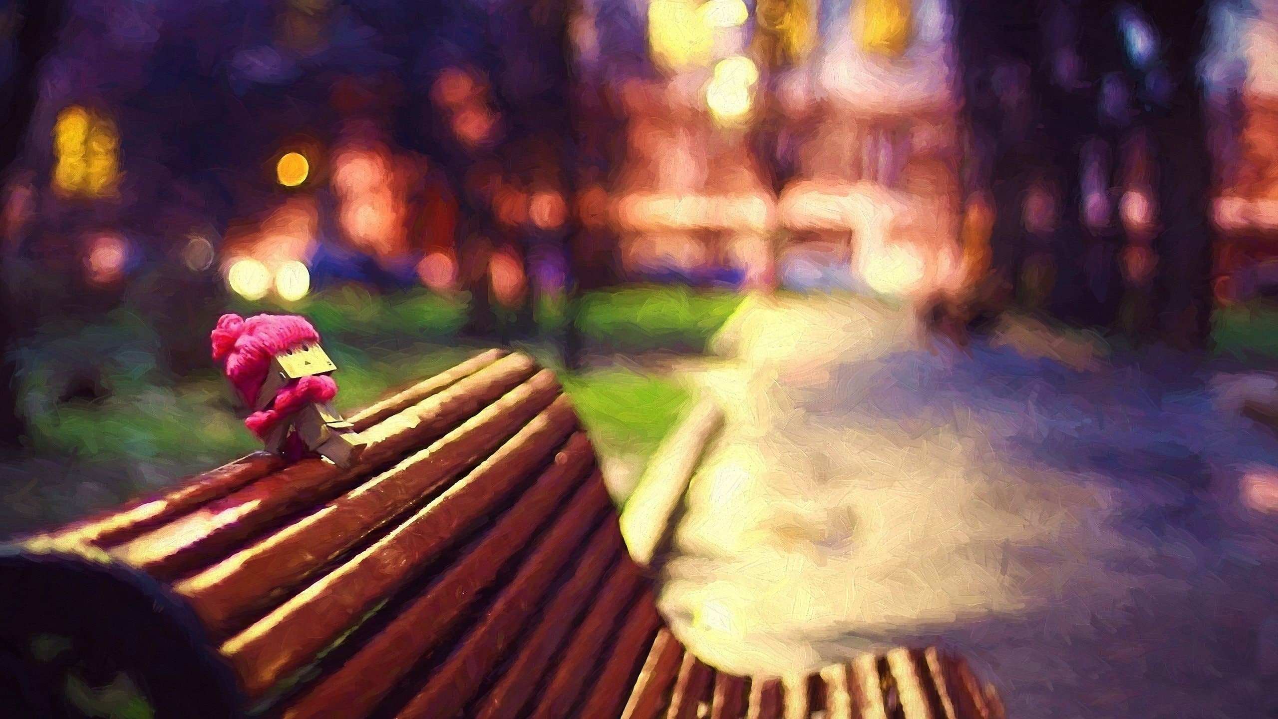 selective focus, bench, park bench, outdoors, beauty in nature, illuminated, no people, 2K, flowering plant, plant, close-up, wood - material, flower, HD Wallpaper