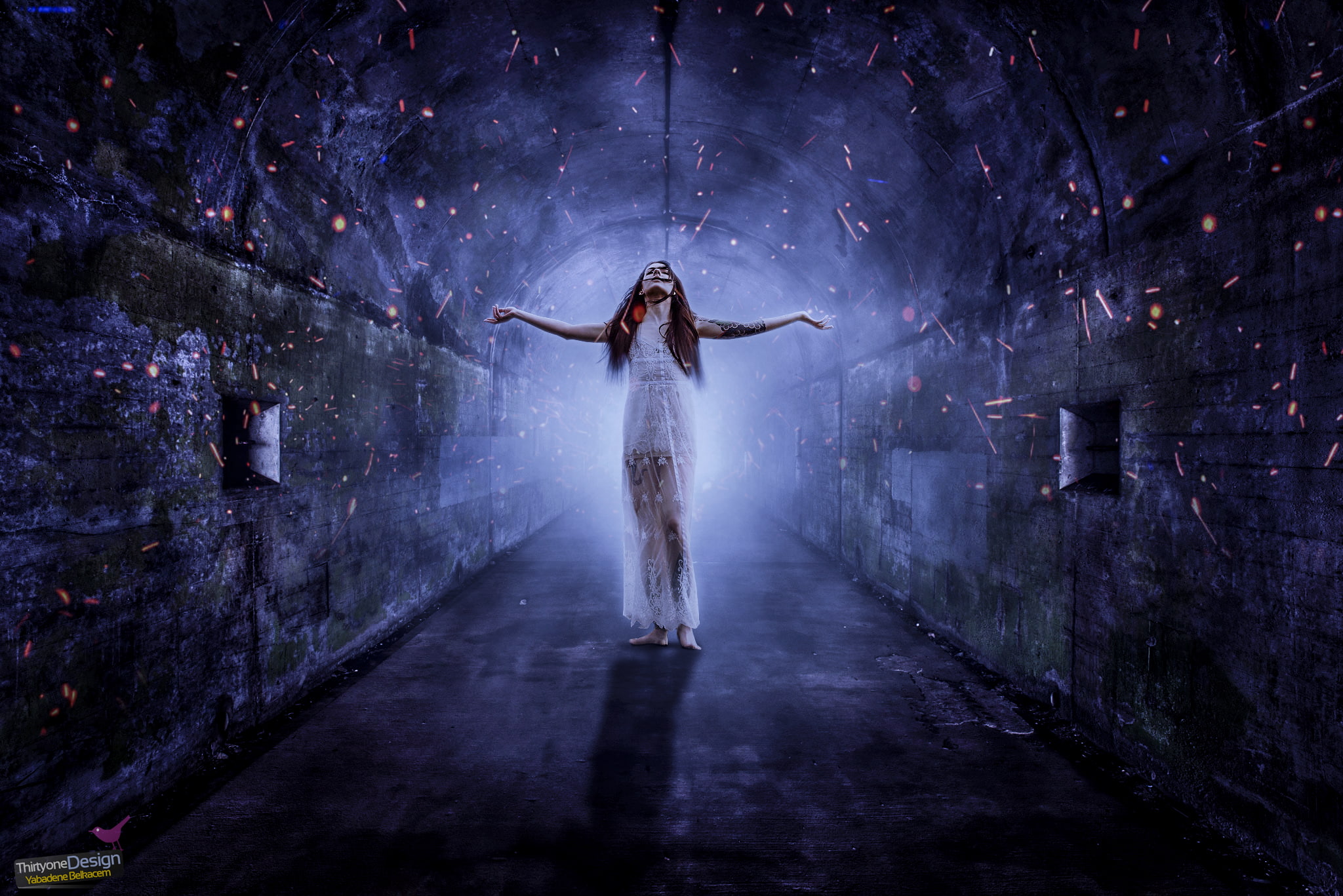 clothing, human arm, human limb, body part, mystery, dress, architecture, limb, emotion, one person, dark, arms outstretched, white dress, standing, sparkles, HD Wallpaper