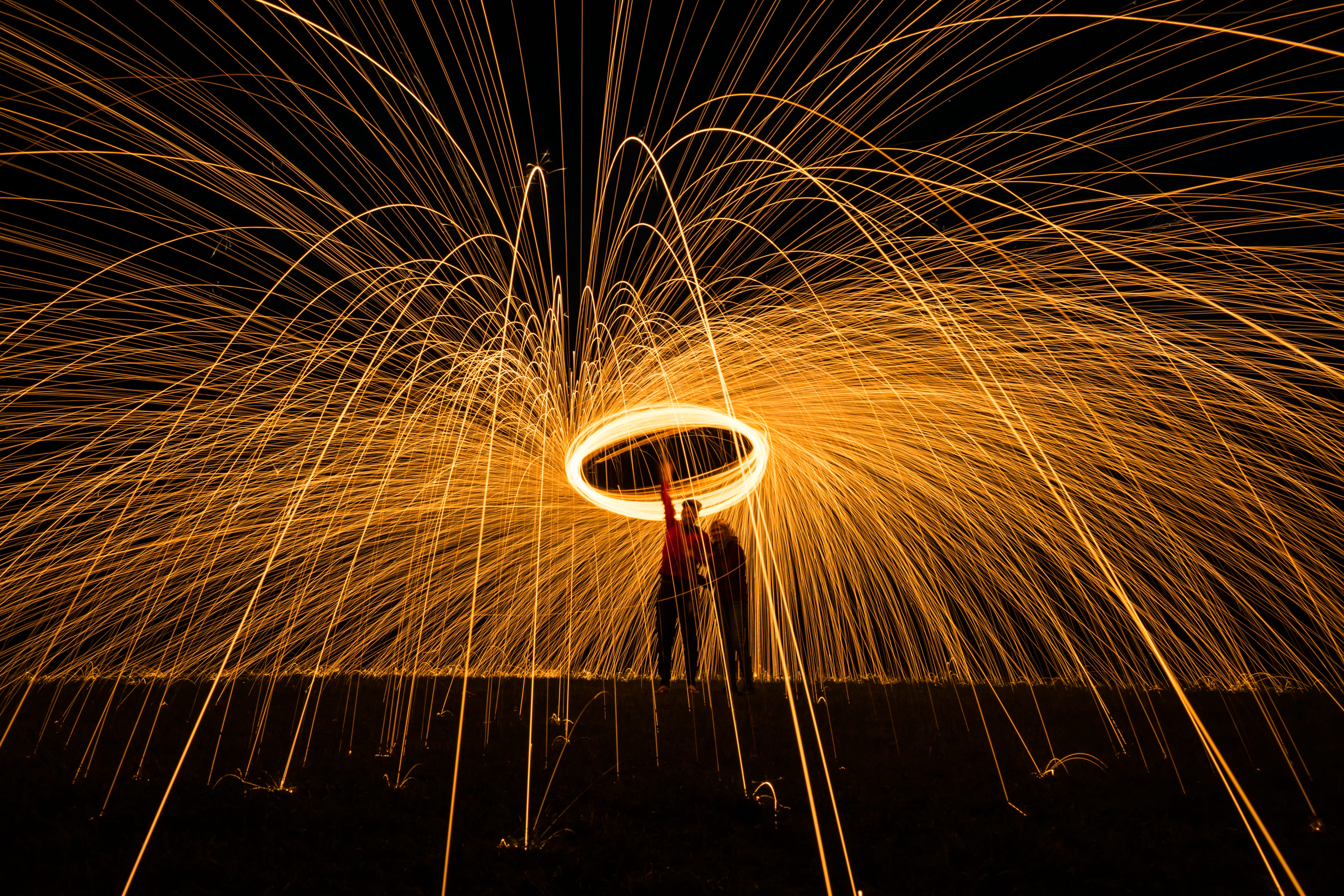 sparks, art, 5K, energy, steel wool photography, firework, firework display, wire wool, people, sign, holding, glowing, beside, speed, blurred motion, HD Wallpaper