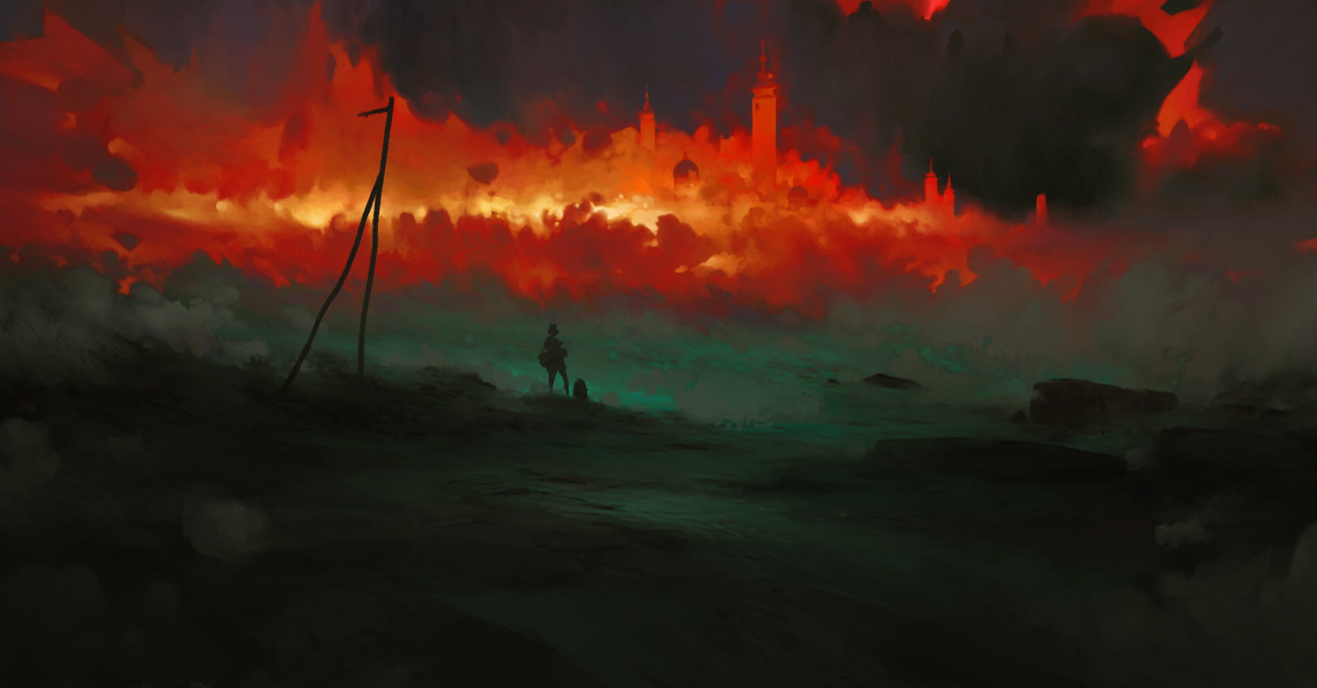 digital art, field, artwork, burning, fantasy city, dark, clouds, fire, landscape, 720P, HD Wallpaper