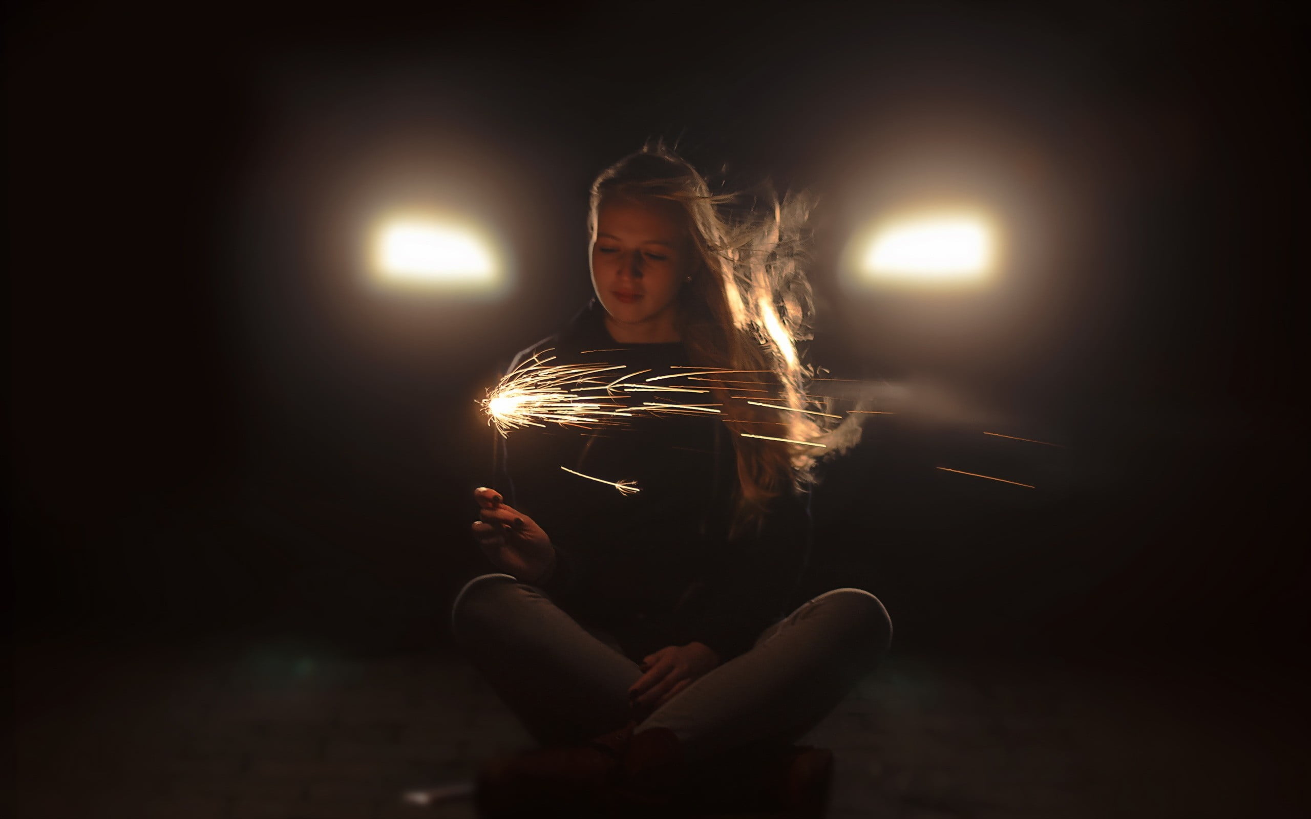 vehicle, car, studio shot, young adult, casual clothing, indoors, illuminated, adult, model, real people, front view, sparkler, long hair, motion, holding, HD Wallpaper