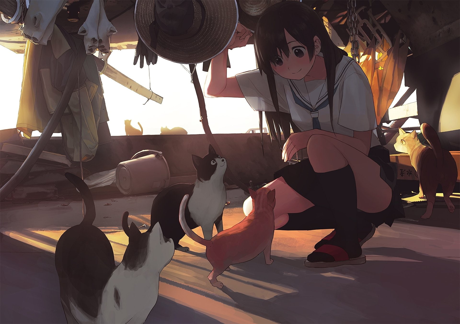 women, full length, sitting, outdoors, airplane, men, nature, lifestyles, schoolgirl, 1080P, anime girls, mode of transportation, leisure activity, artwork, HD Wallpaper